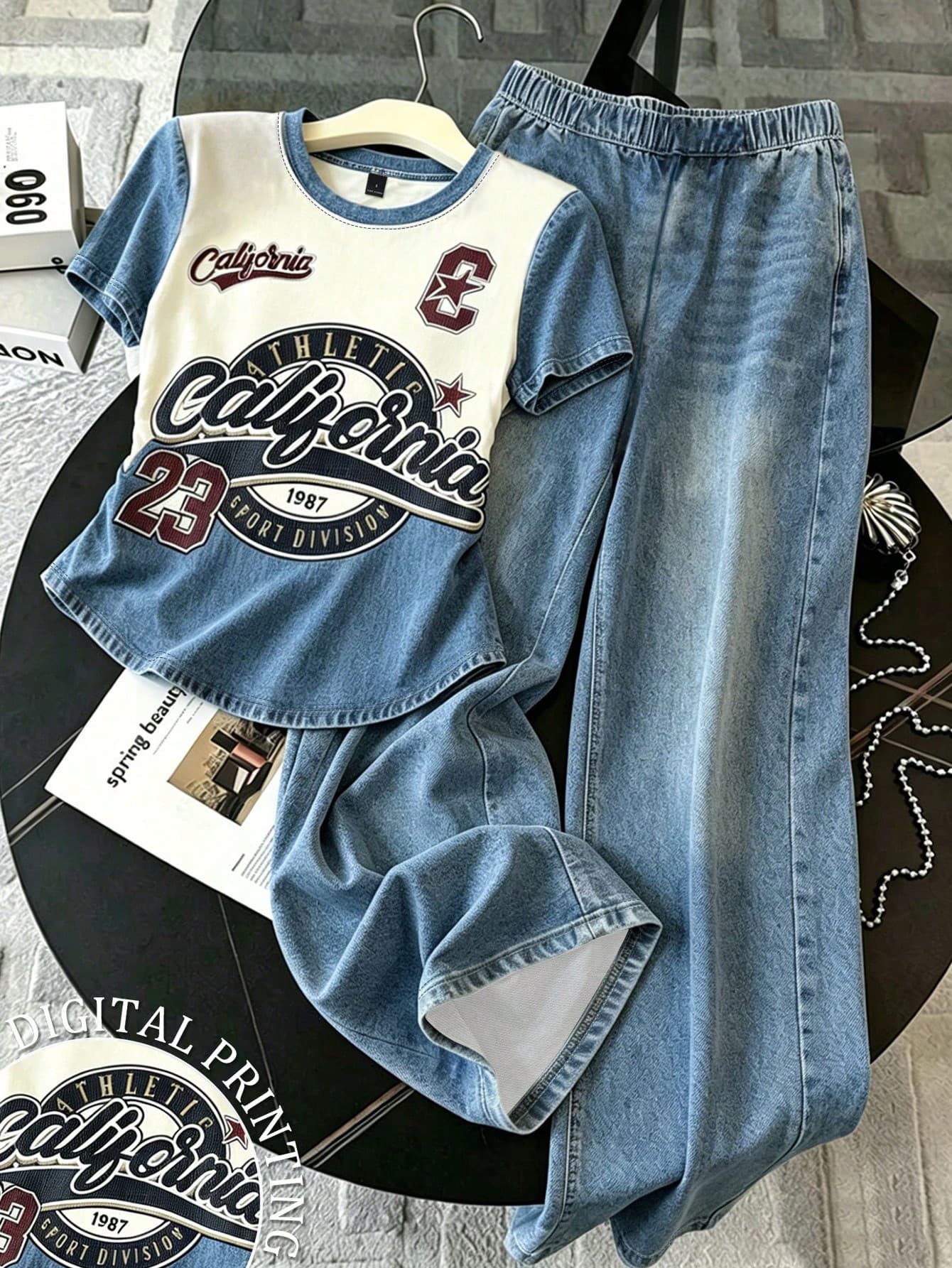 Resyla 2pcs Women Letter & Faux Denim Print Contrast Color Round Neck Short Sleeve T-Shirt And Casual Pants Set
