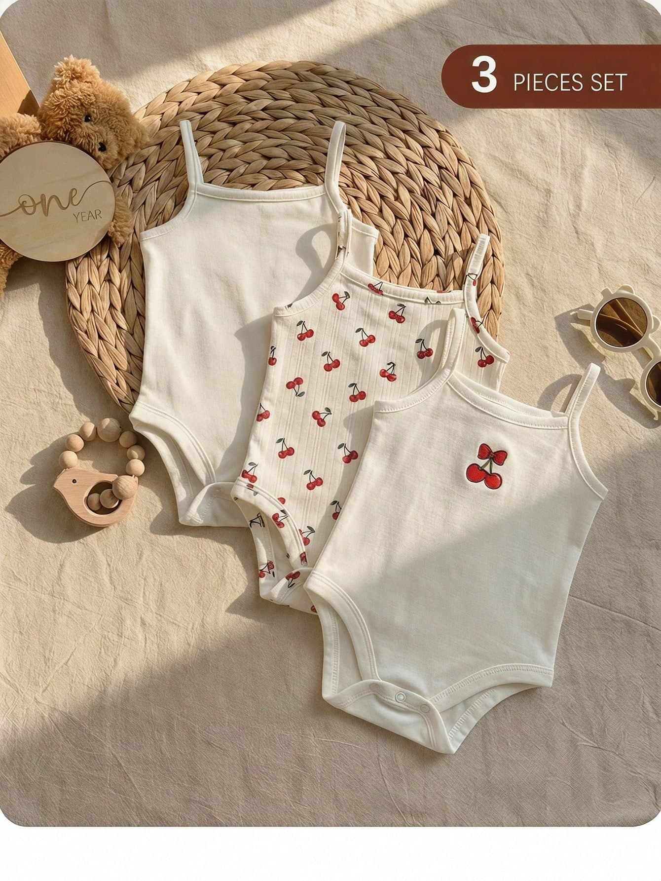 3pcs/Set Cute Casual Knit Babygirl Cherry Print Strap Romper Outfit
