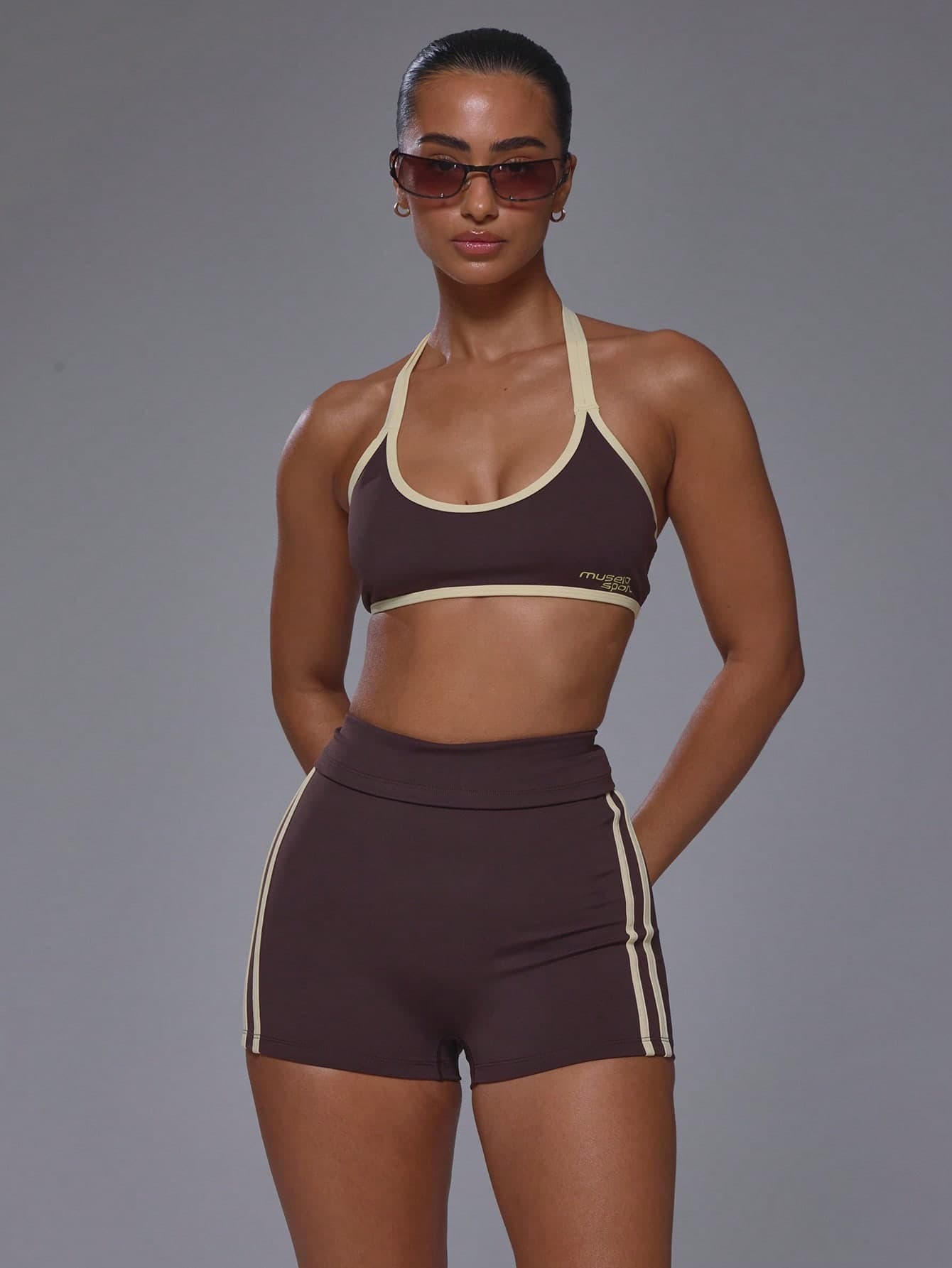 Musera Sport Scoop Neck Contrast Colour Piping Open Back Halterneck Soft Touch Active Sports Bra Top Coord Top Only Sport Workout Gym Cute Pilates Fitness Daily