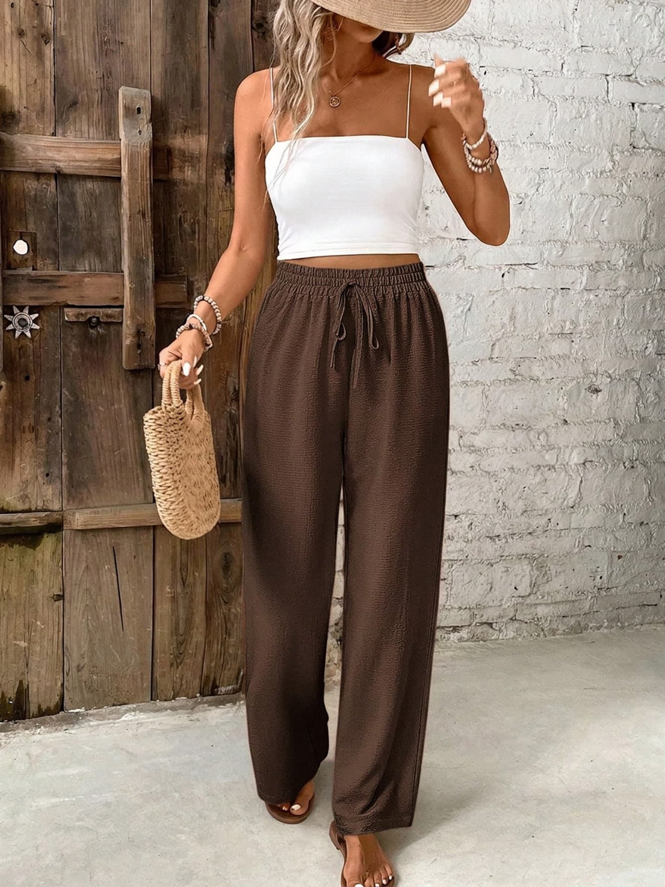 SHEIN Frenchy Women's Summer Solid Color Drawstring Waist Straight Leg Pants