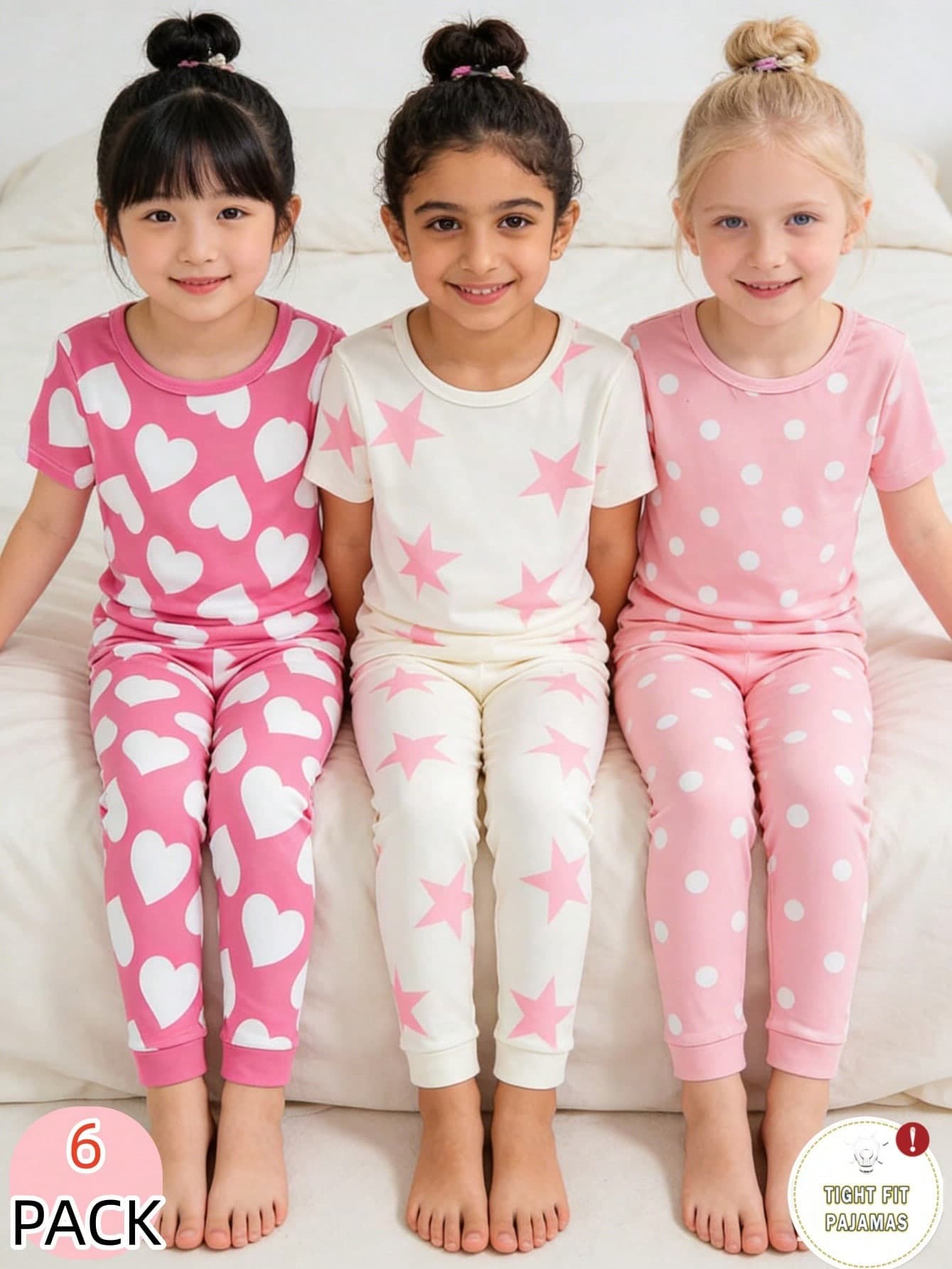 Genkimix Kids 6pcs/Pack Toddler Girls' Tight Fit Pajama Set,Crew Neck Short Sleeve White Summer Family Matching Heart Star Polka Dot Stretchy Snug Fit Pajamas