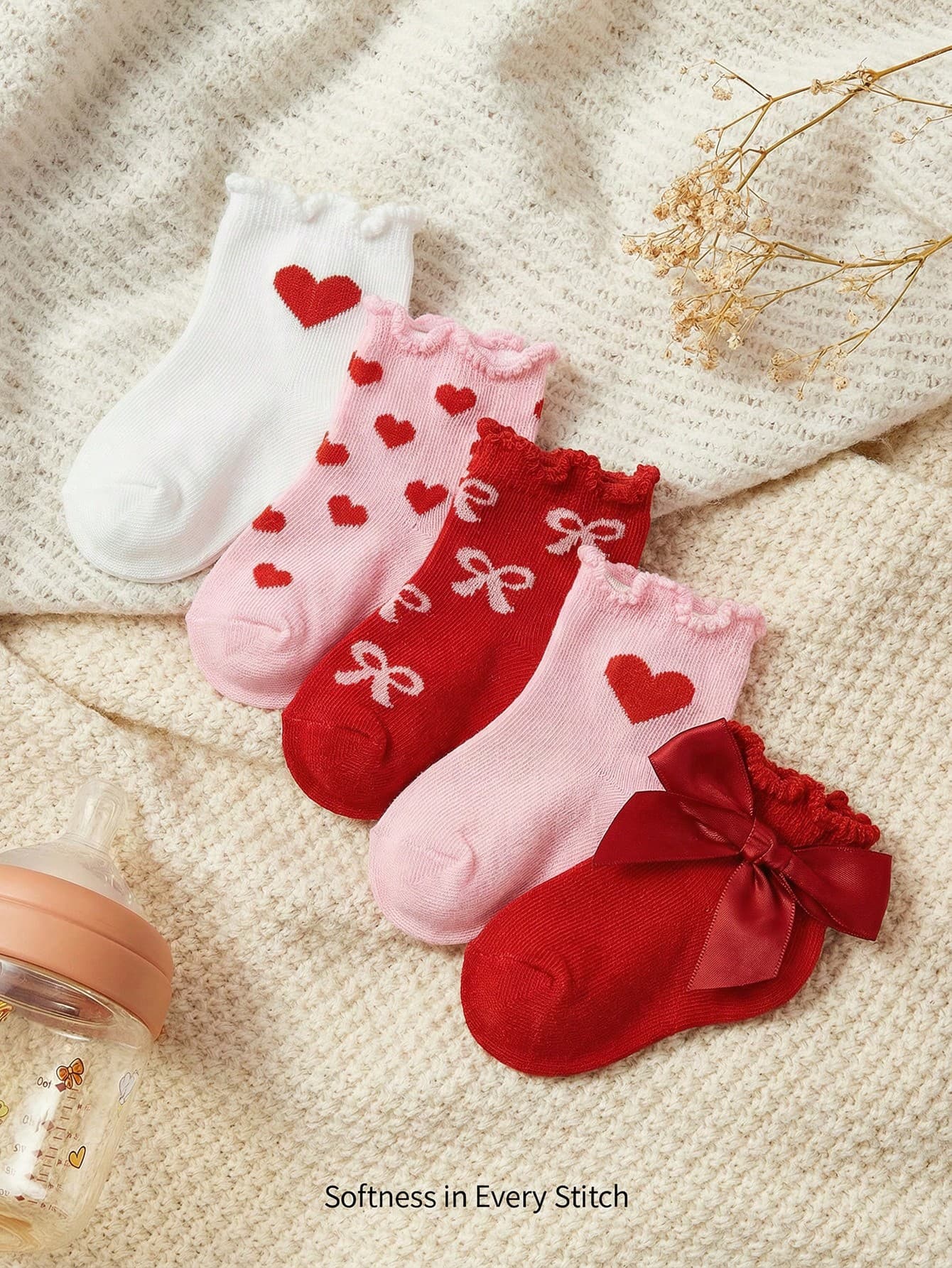 Cozy Pixies 5 Pairs Of Baby Socks, Love Bow, Cute Lace Socks, Warm Indoor And Outdoor Can Be Worn