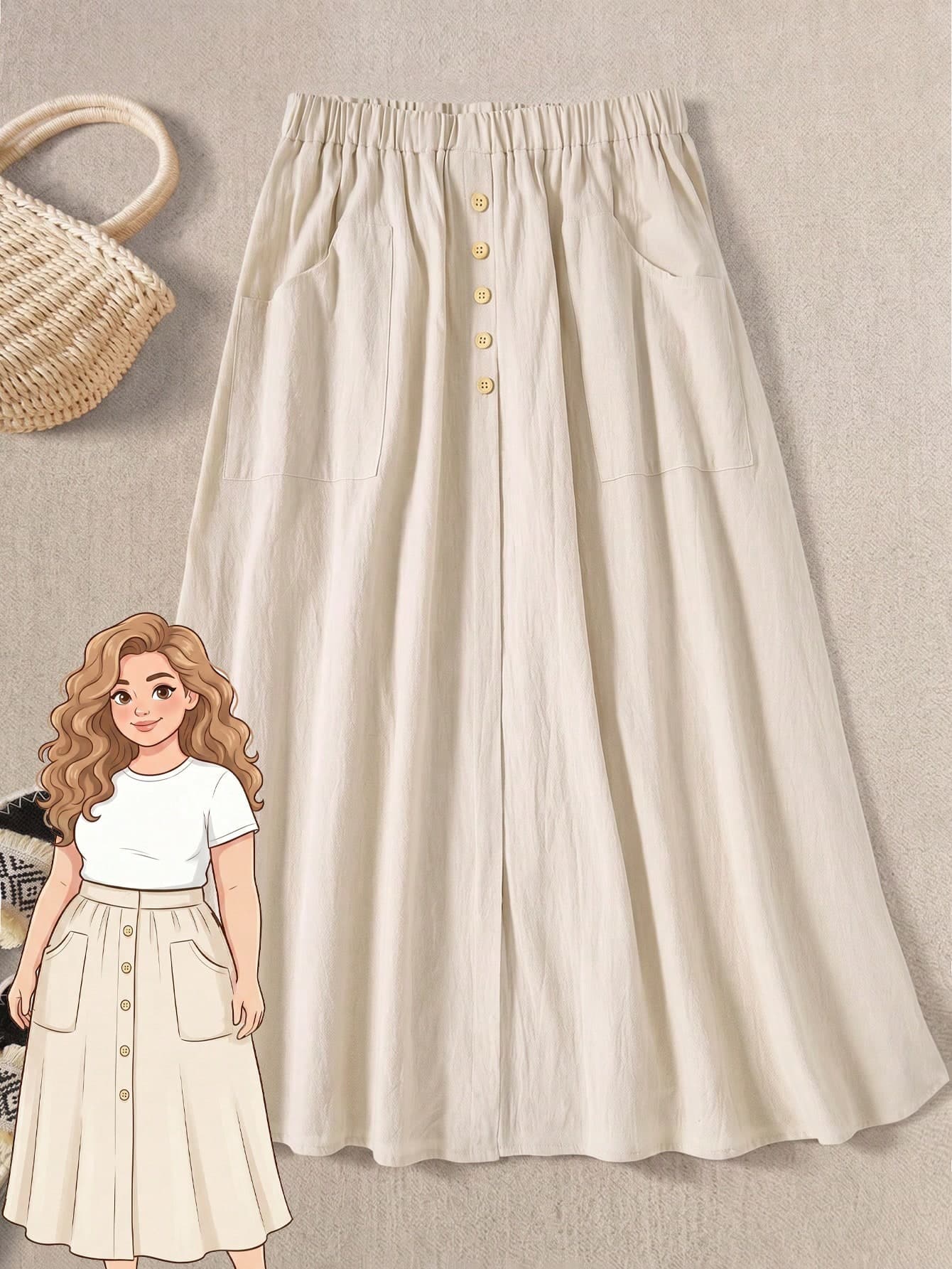 Rusticease Plus Size Women Solid Color Button Design Pocket Casual Smart Casual Skirt Formal Vacation Vacation Beige Autumn Vacation Vacation Fall