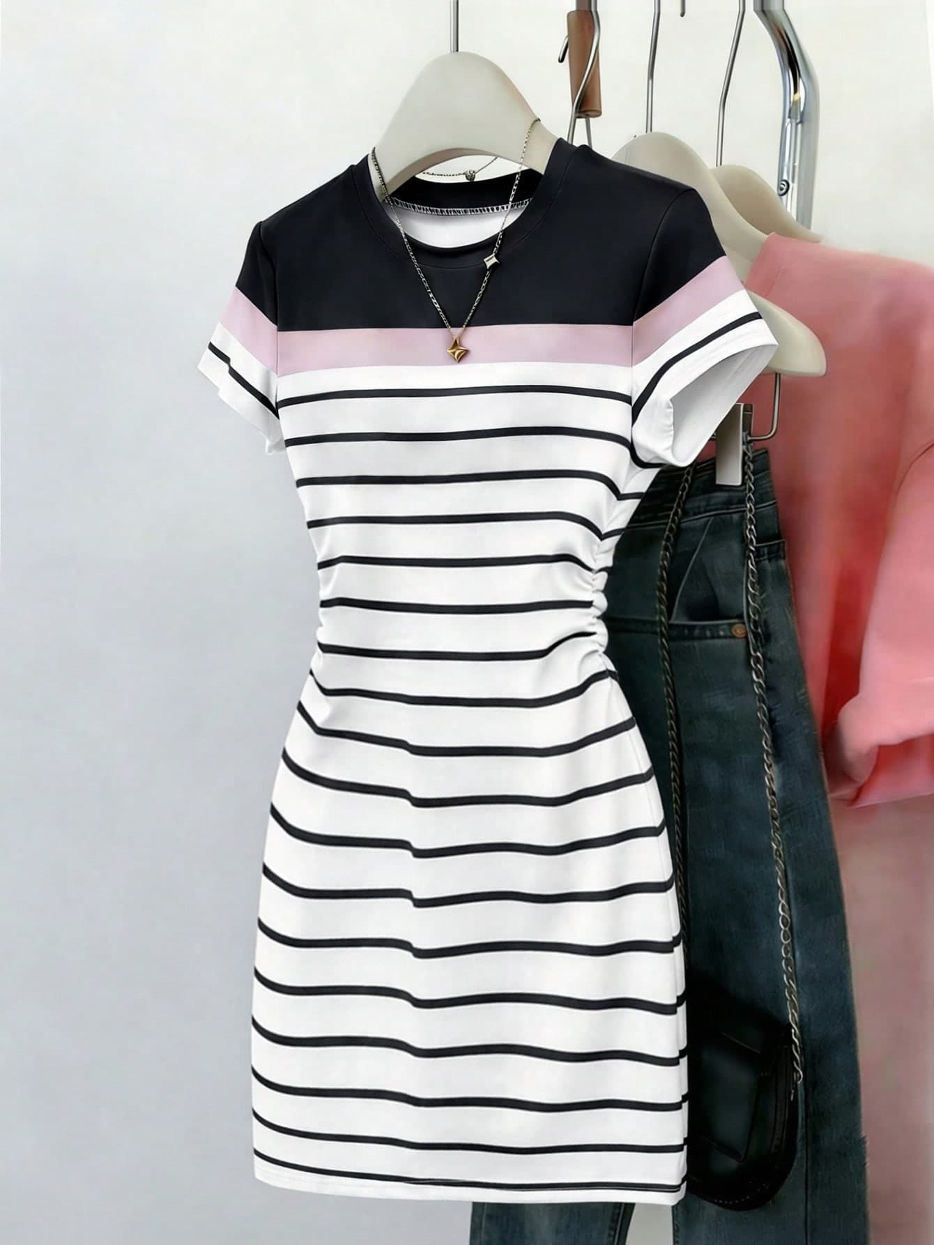 SHEIN Unity Women's Outdoor/Office Casual Striped & Floral Print Short Sleeve Ruched Waist Bodycon Dress, Suitable For Back To School, Campus Outfit, Blue & White, Summer New Arrival, Casual Dress For Summer Holiday, Date, Daily Outing, Simple Beach Vacation, Romantic Holiday, Beach Dress