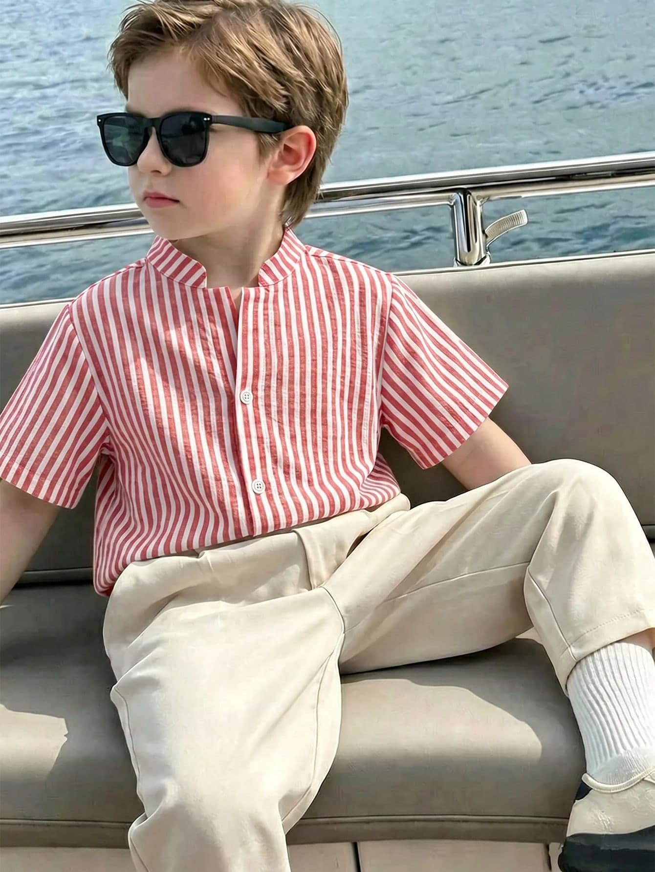 LMoss Kids 2pcs Young Boy Woven Solid Color Casual Shirt And Striped Pants Set
