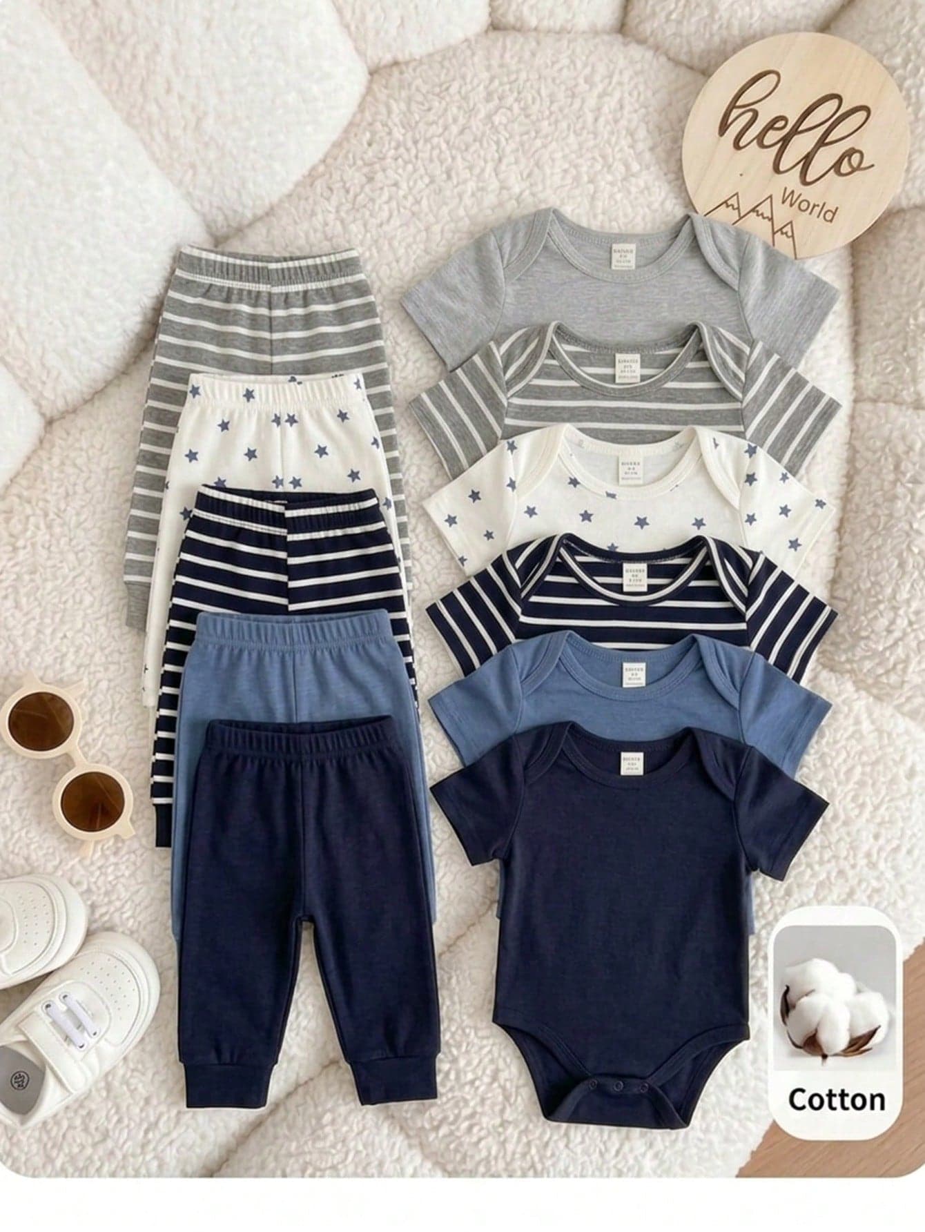 Baby Boy Multi-Piece Striped & Star Pattern Short Sleeve Romper 6-Piece Set (Rompers And Pants Sold Separately)