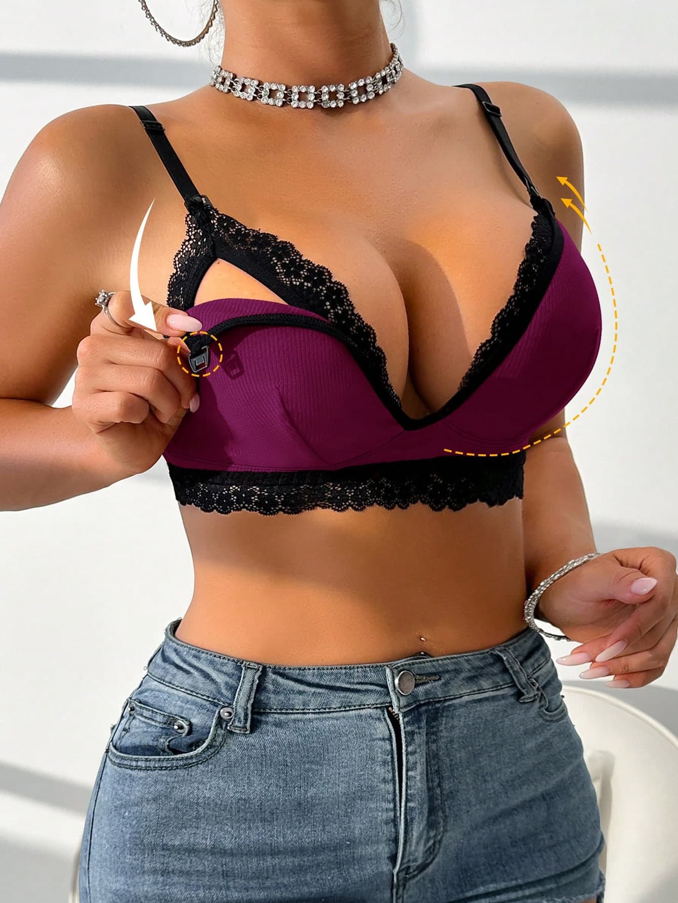 Moonlight&Mama Pregnant Women's Contrast Color Lace Trim Sexy Ribbed Nursing Bra Nursing Bralette Push Up Bralette Lace Bralette Bras For Women