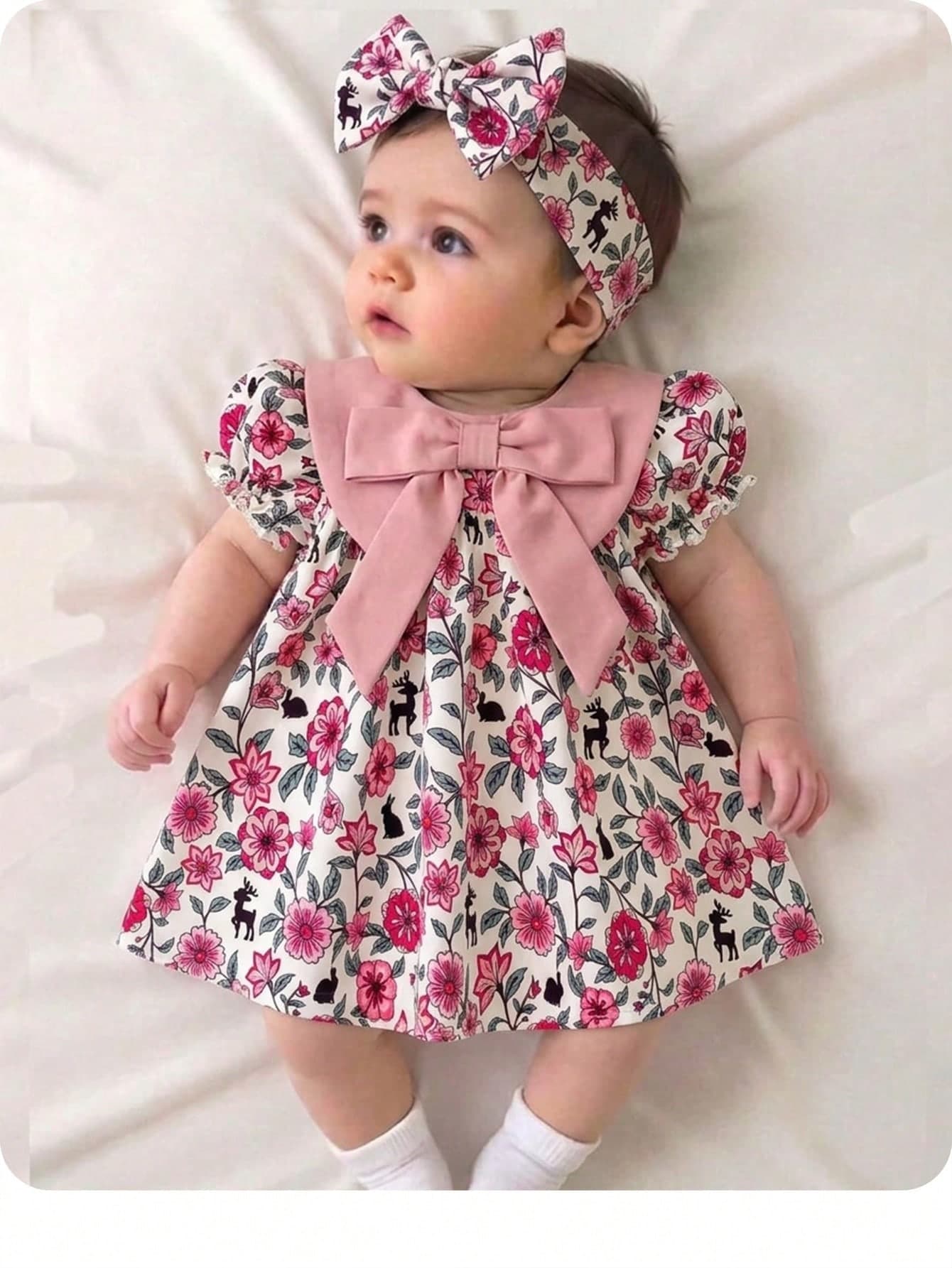 SHEIN One-Piece Newborn Casual, Simple, Loose-Fitting Cartoon Pattern Round Neck Short-Sleeved Dress, Perfect For Summer.