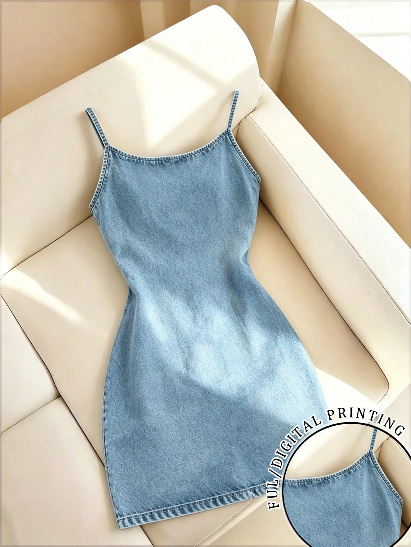 Resyla New Arrival Bestselling Denim Effect Print Regular Fit Women's Camisole Bodycon Mini Dress