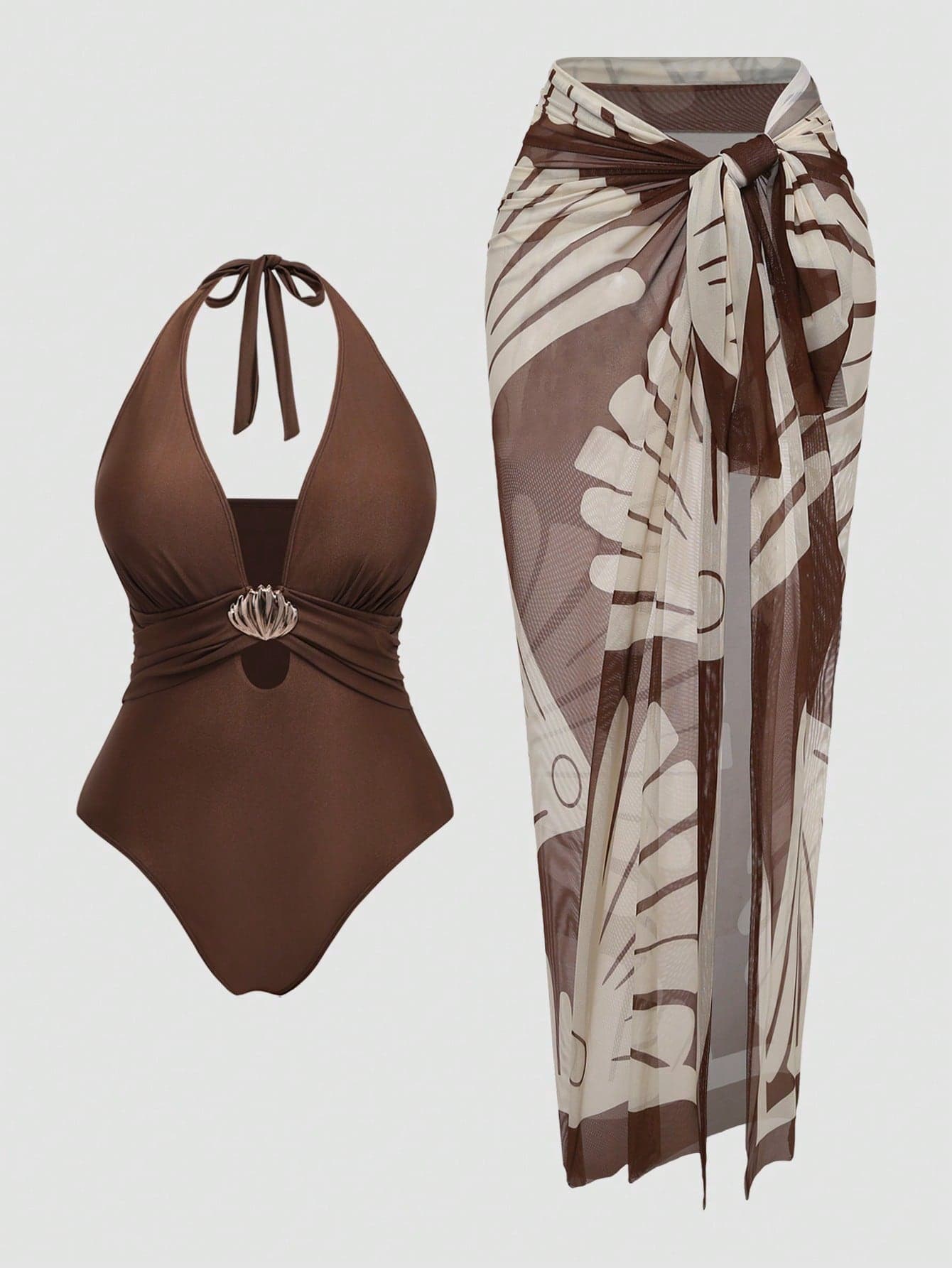 Swim Oasis Plus Size Halter Deep V Swimsuit 2 Piece Set Vintage Floral Print High Waist Tummy Control Bikini + Long Sarong Skirt Vacation Outfit Brown Summer