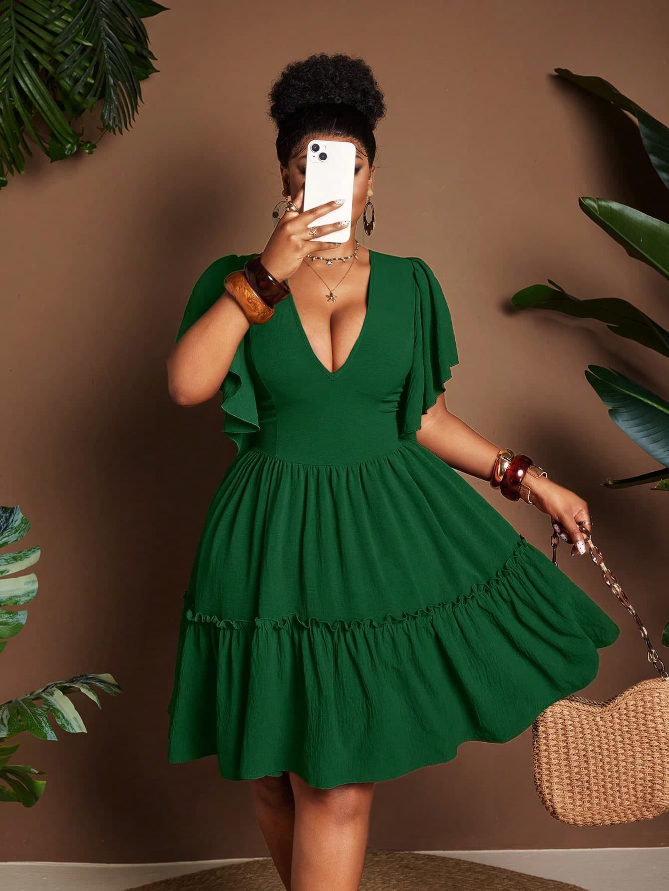 Maweii Sexy Vintage V-Neck Ruffle Hem Waist Cinched Plus Size Dress