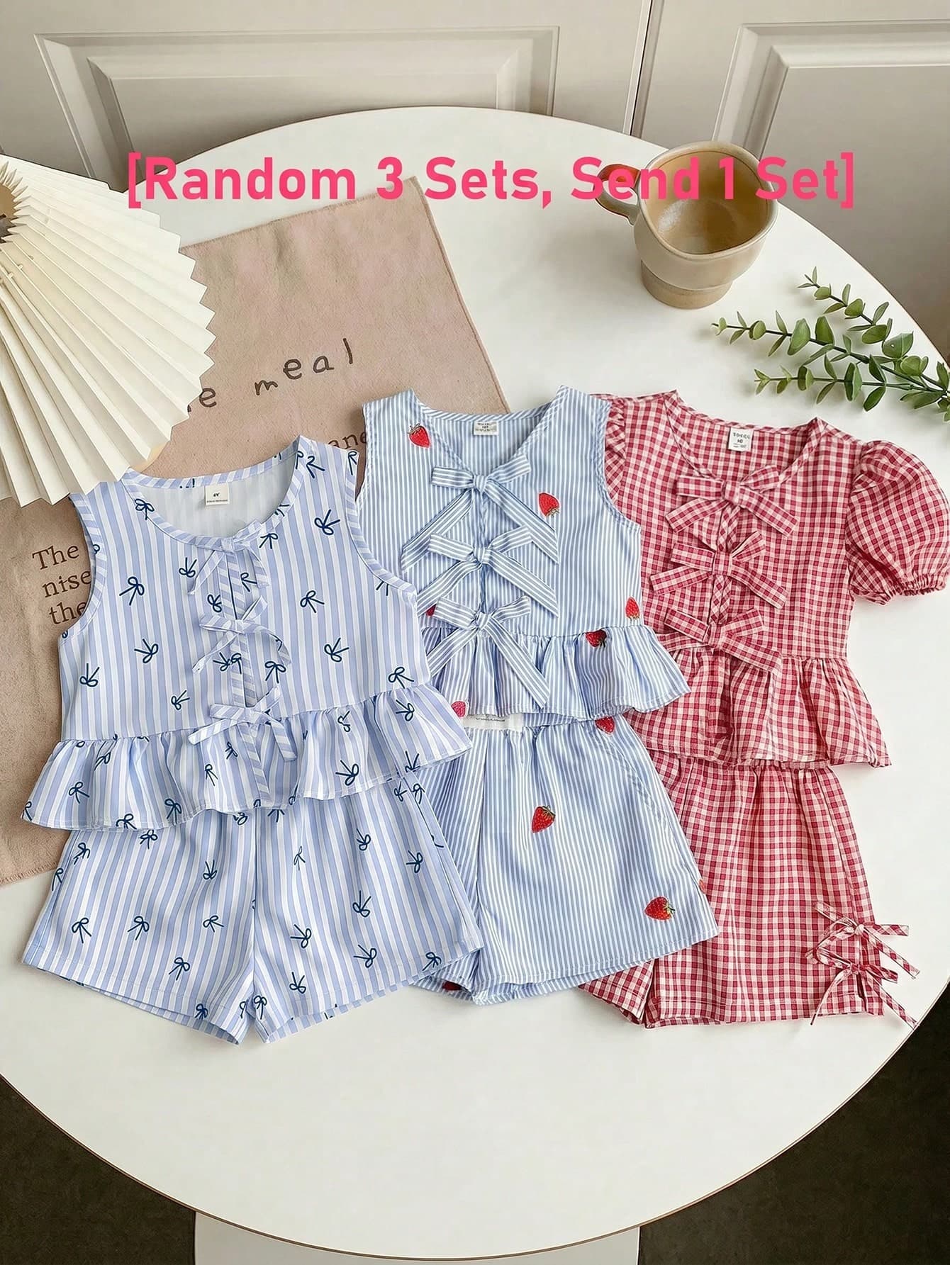 SHEIN [Random 3 Sets, Send 1 Set]Young Girl Woven Striped Bow Decor Casual Vest And Shorts Set