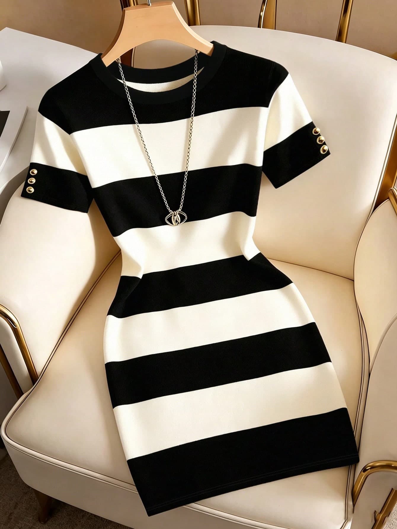 Franclia Black & White Striped Knit Dress For Women, Summer