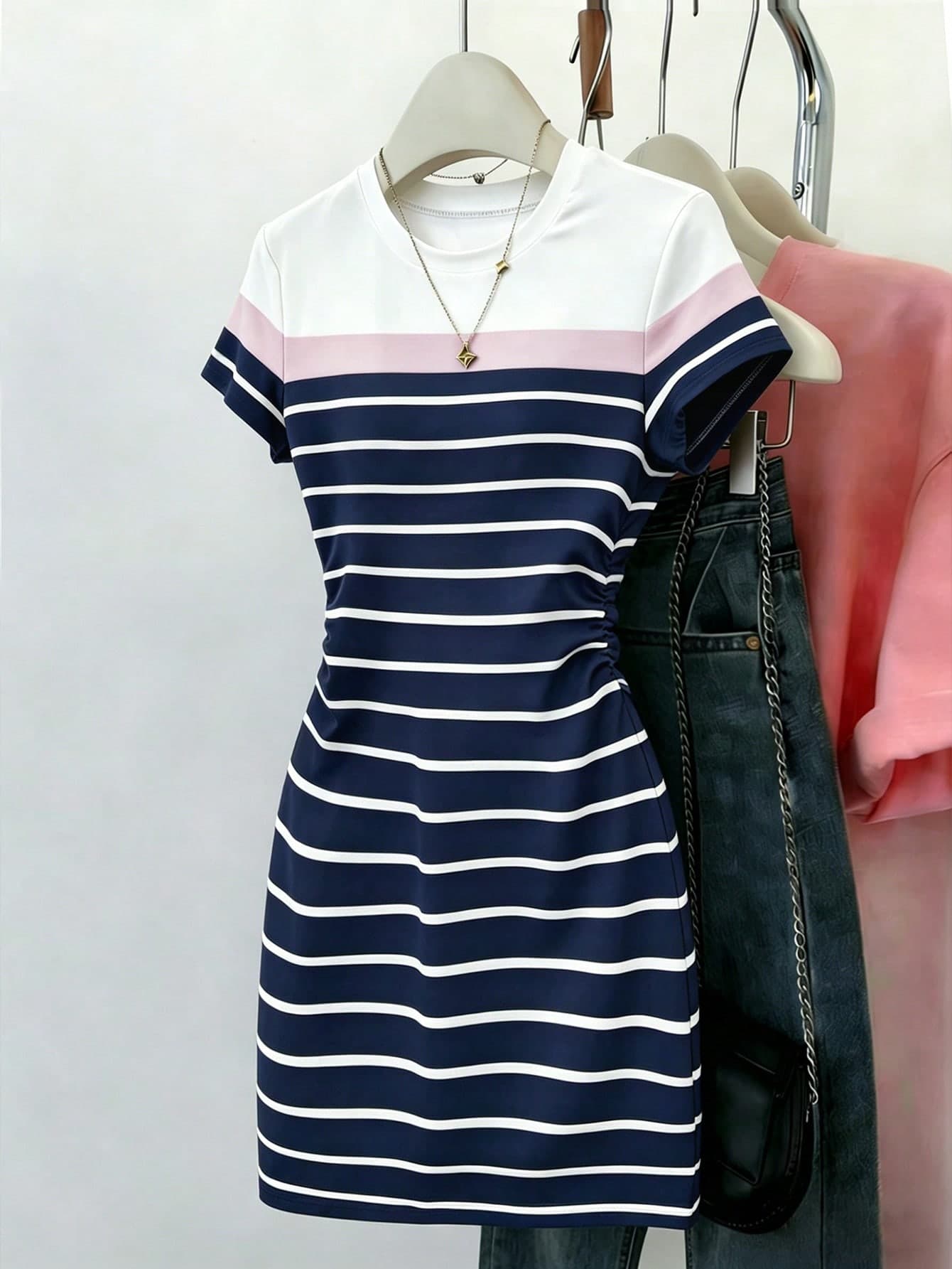 SHEIN Unity Women Striped Ruched Waist Bodycon Dress,Navy And White,Summer,Casual,Brunch Short Sleeve Elegant Beach Dress For Holiday,Daily Outing,Campus Outfit
