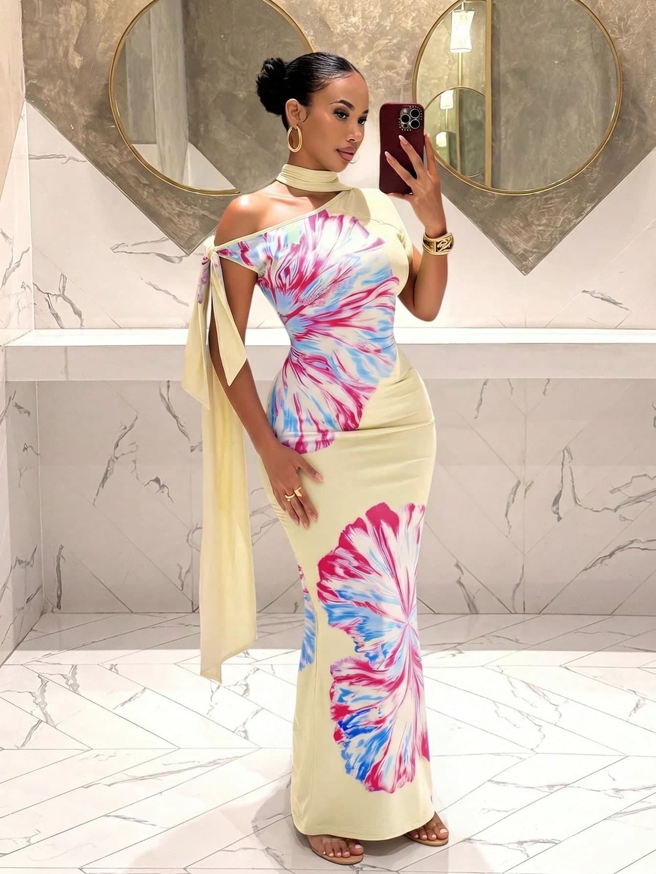 Slaydiva Summer Elegant Pale Yellow One-Shoulder Tie-Up Mesh Dress,Large Floral Pattern,Slim-Fitting Long Dress For Party,Vacation,Beach,Y2K Girl Style