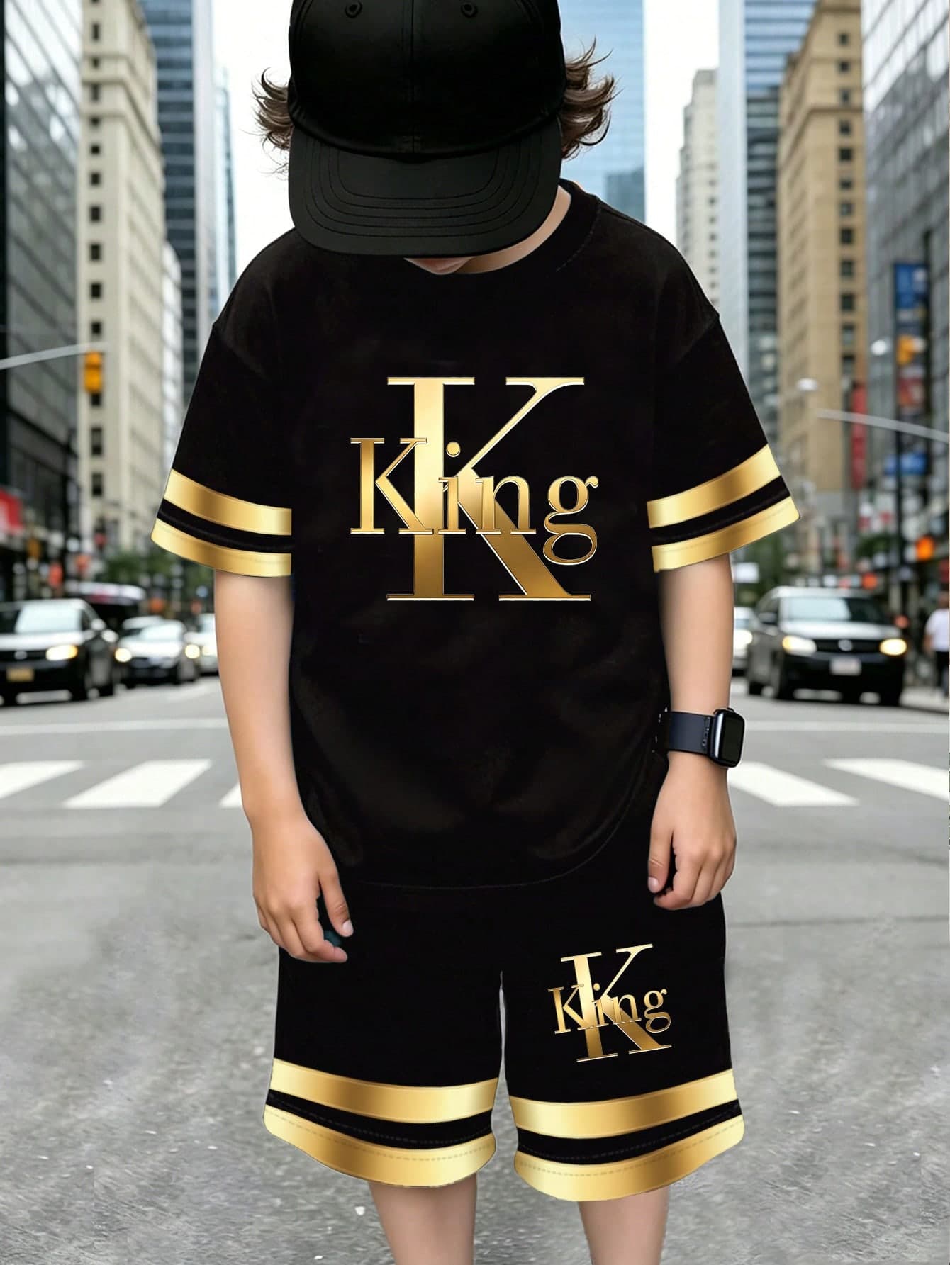 2pcs/Set Toddler Young Boy Casual Creative Personalized Refreshing Minimalist Black Background King Gradient Stripe Pattern Letter Slogan Print Short T-Shirt And Shorts Outfit, Comfortable Daily Wear, Suitable For Spring, Summer And Autumn