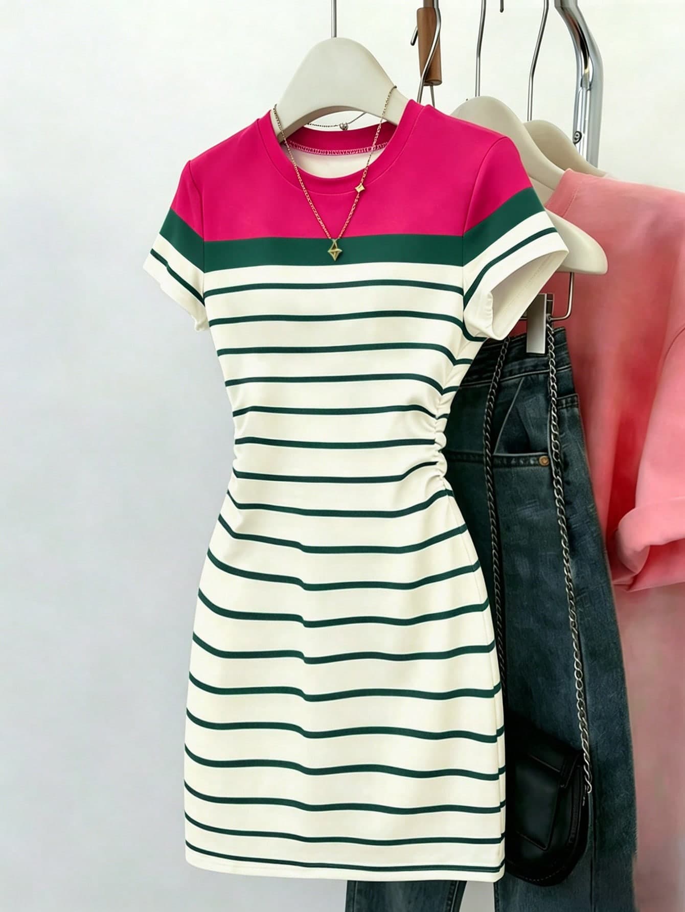 SHEIN Unity Women's Pink And White Striped,Summer,Casual,City Break Ruched Waist Bodycon Dress,Short Sleeve Floral Print Outdoor Office Elegant Beach Dress