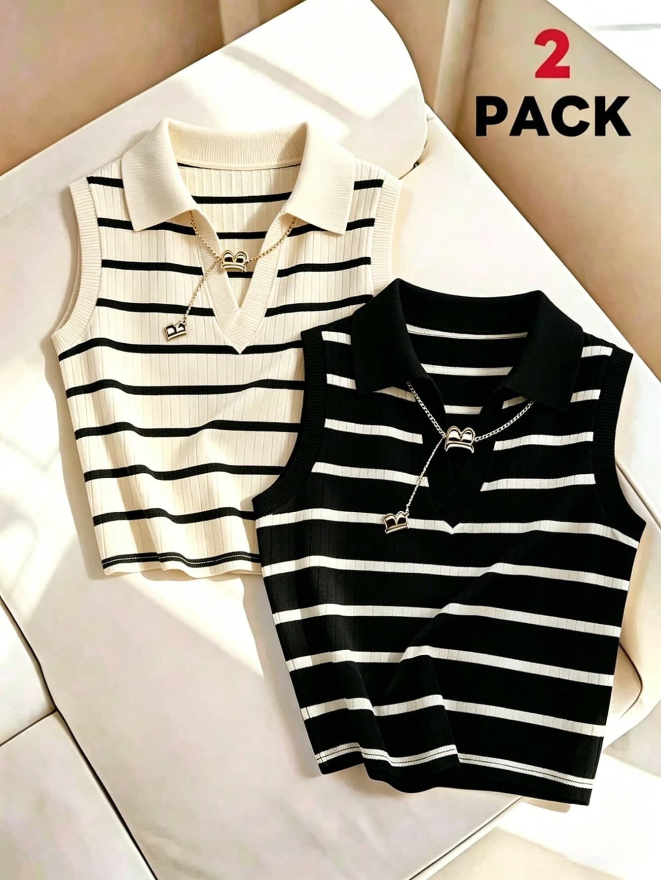 Franclia Women's Casual Elegant Knitted Collared Striped Vest