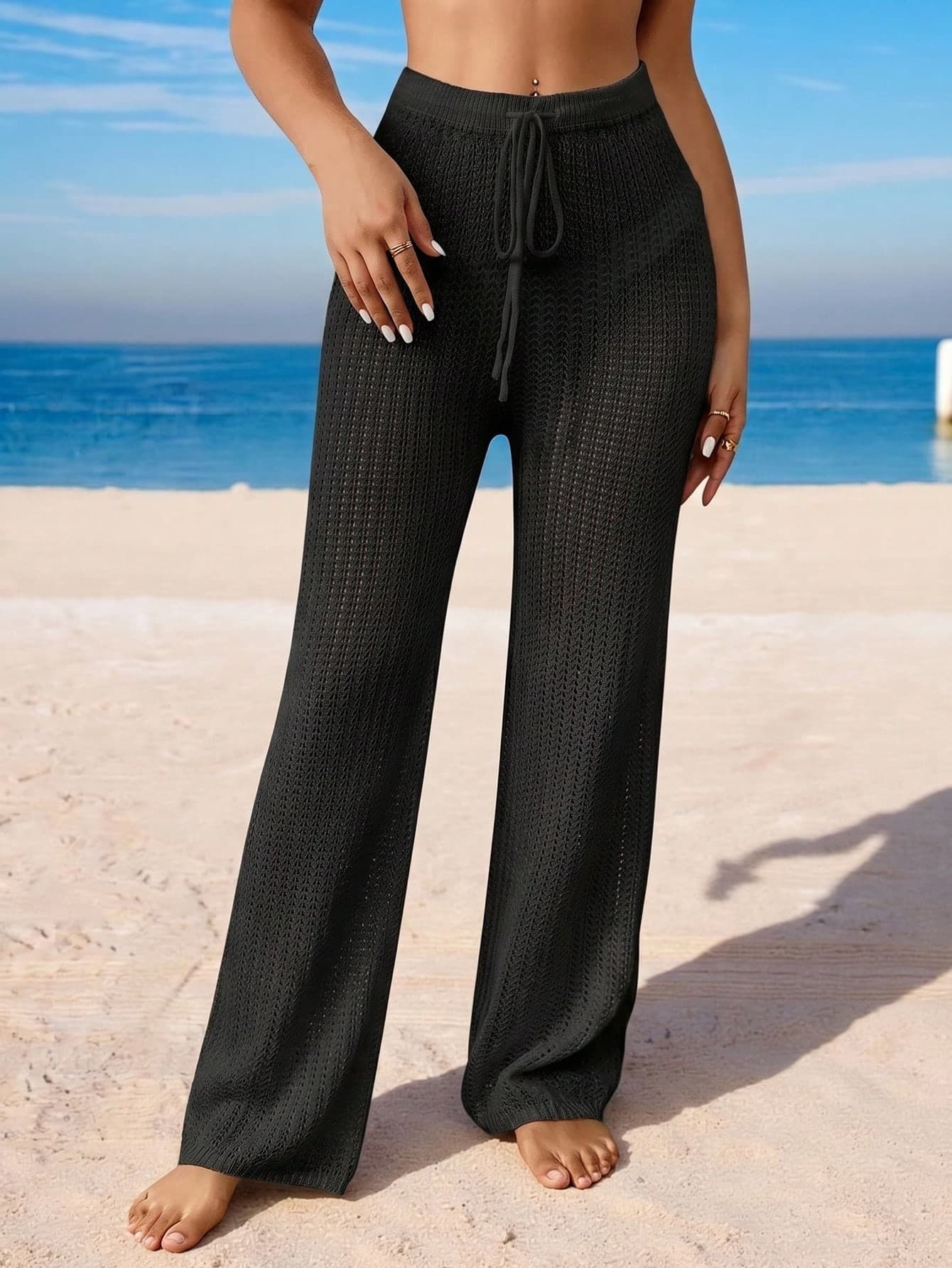 Swim Vcay Women's Solid Color Drawstring Tie Design Cover-Up & Pants Set