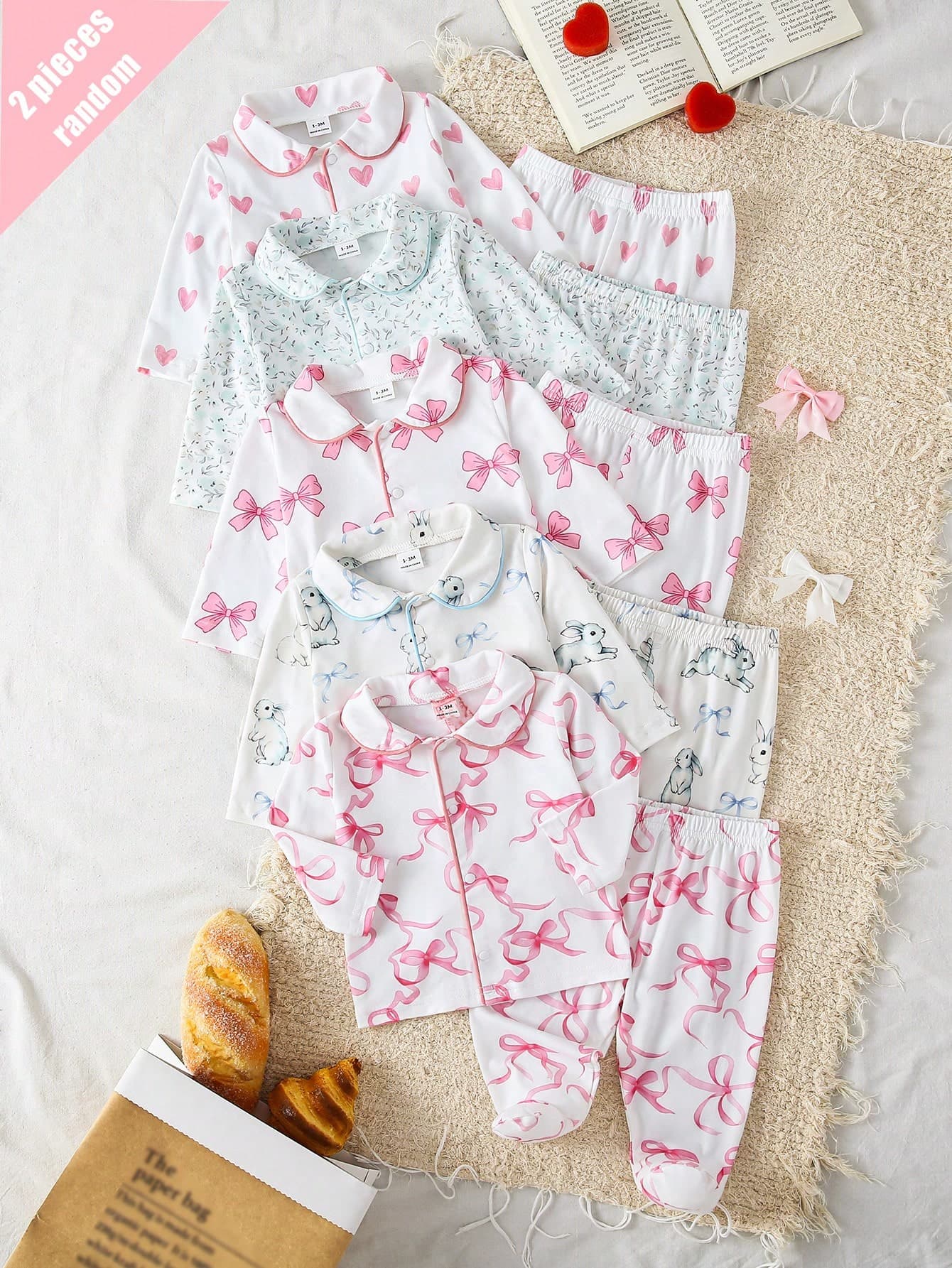(Random 5 Sets, Send 1 Set) Newborn Long Sleeve & Pants Knitted Soft & Cute Bow, Rabbit, Heart, Floral Print Pattern, Best Gift For Newborns, Comfortable For Home Wear, Suitable For All Seasons
