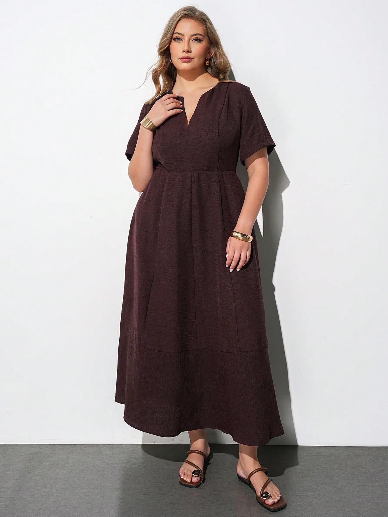 Maija Plus Size V-Neck Short Sleeve Dark Purple Business Casual Elegant Dress Waist Flared Vintage Fashionable Party Brunch Formal Autumn Outfit Halloween
