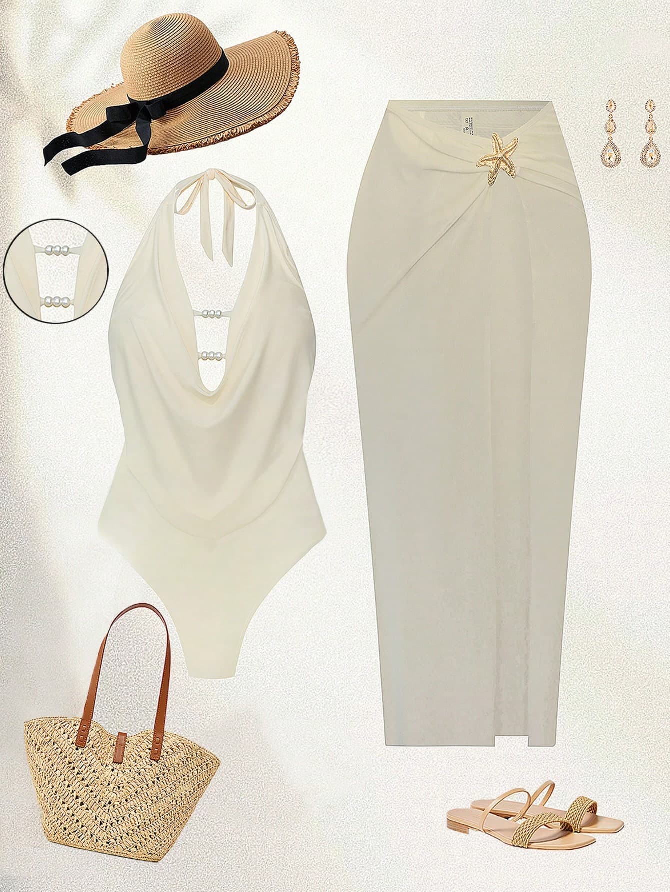 Swim Oasis Plus Size Women's Solid White 2-Piece Set,Summer Silky Tropical Beach Holiday Vacation,Deep V-Neck,Pearl Bead & Metal Starfish Long High-Waist Skirt