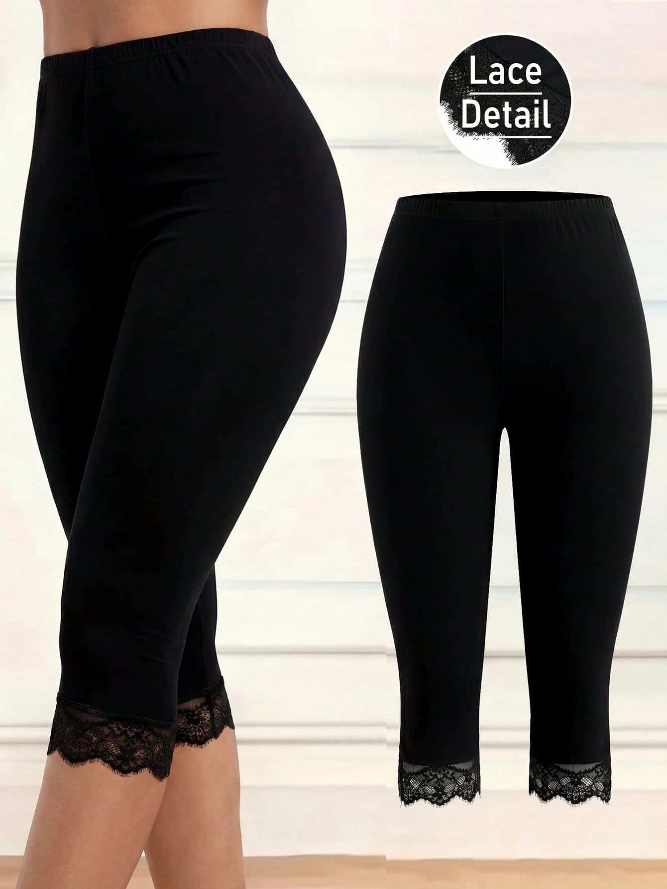 SHEIN Clasi Lace Hem Slit Retro Elegant 7/8 Pants, Suitable For Summer Matching