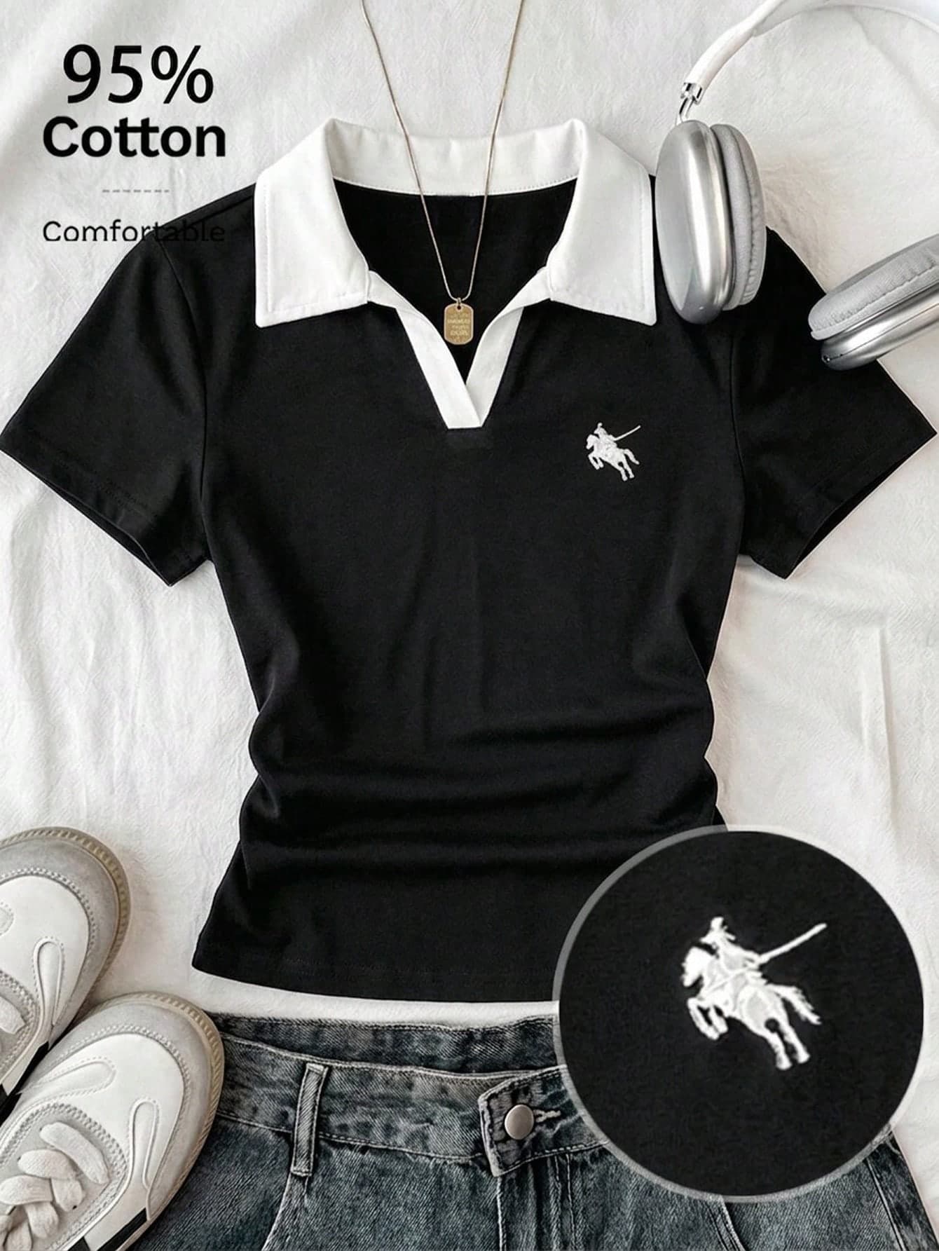 Attitoon Casual Minimalist Horse Embroidery Design Black T-Shirt For Women, Suitable For Summer