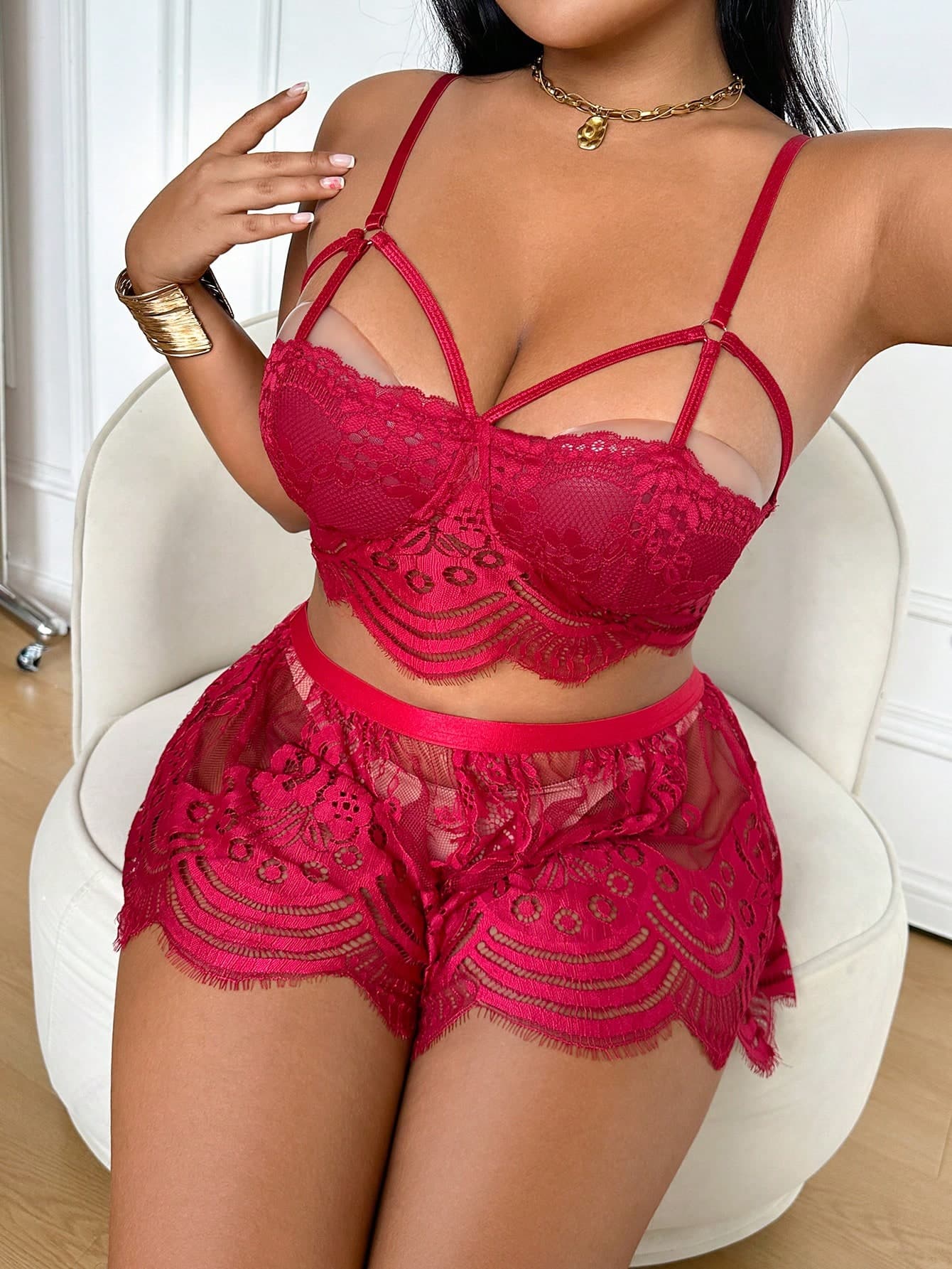 Napfluff CURVE Napfluff CURVE Sexy Plus Size Lace Bralette Top And Hollow Out Lace Shorts Set, Alluring Lingerie