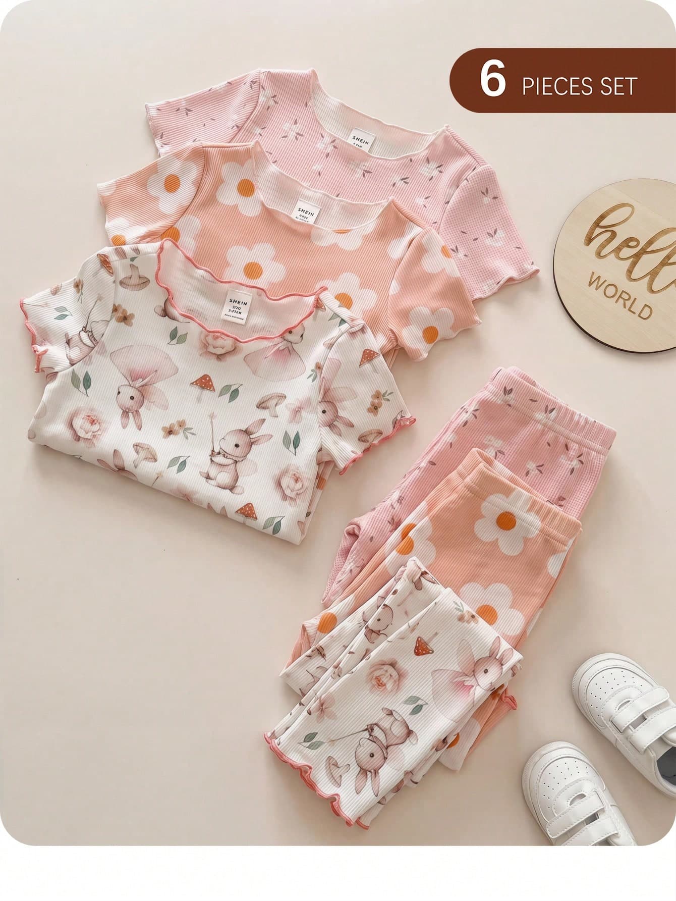 6pcs/Set Baby Girl Cute Cartoon Bear & Floral Print Ruffle Trim Round Neck Short Sleeve Pants Casual Comfy Knitted Pajamas Set