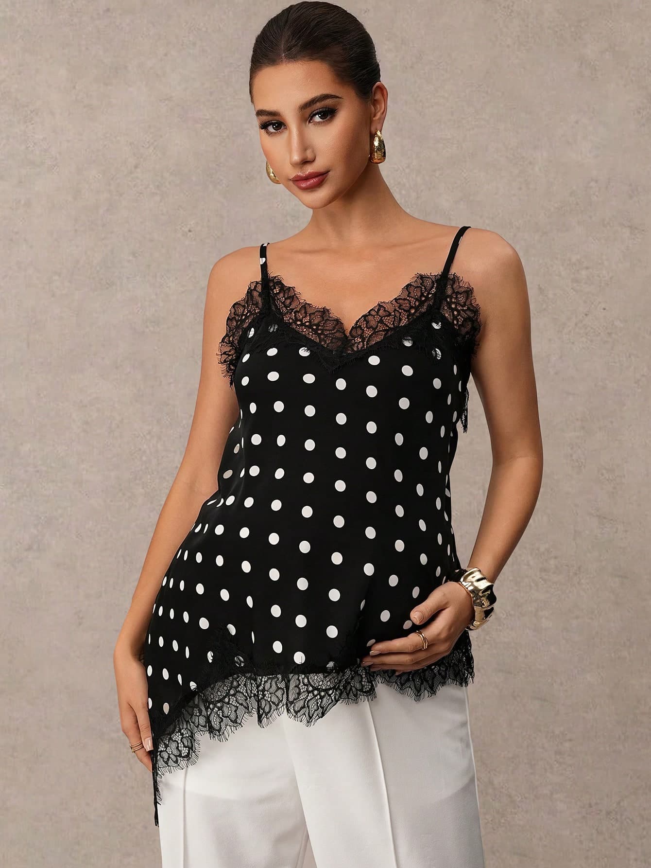 MaterniChic Pregnant Women Polka Dot Lace Patchwork Asymmetric Hem Camisole Maternity Photoshoot Summer
