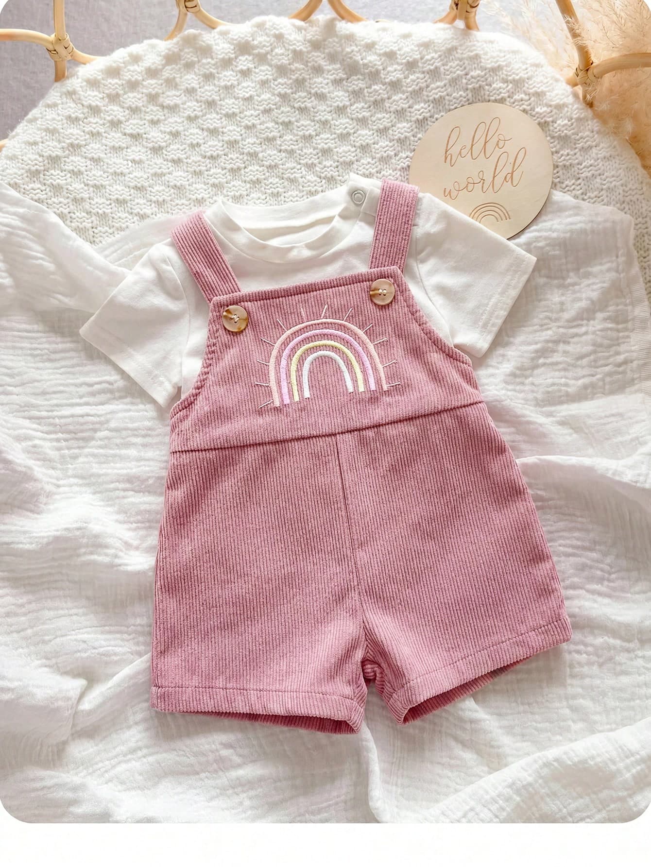 SHEIN Newborn Baby Girl Cute Versatile Casual Pink Rainbow Embroidery Romper