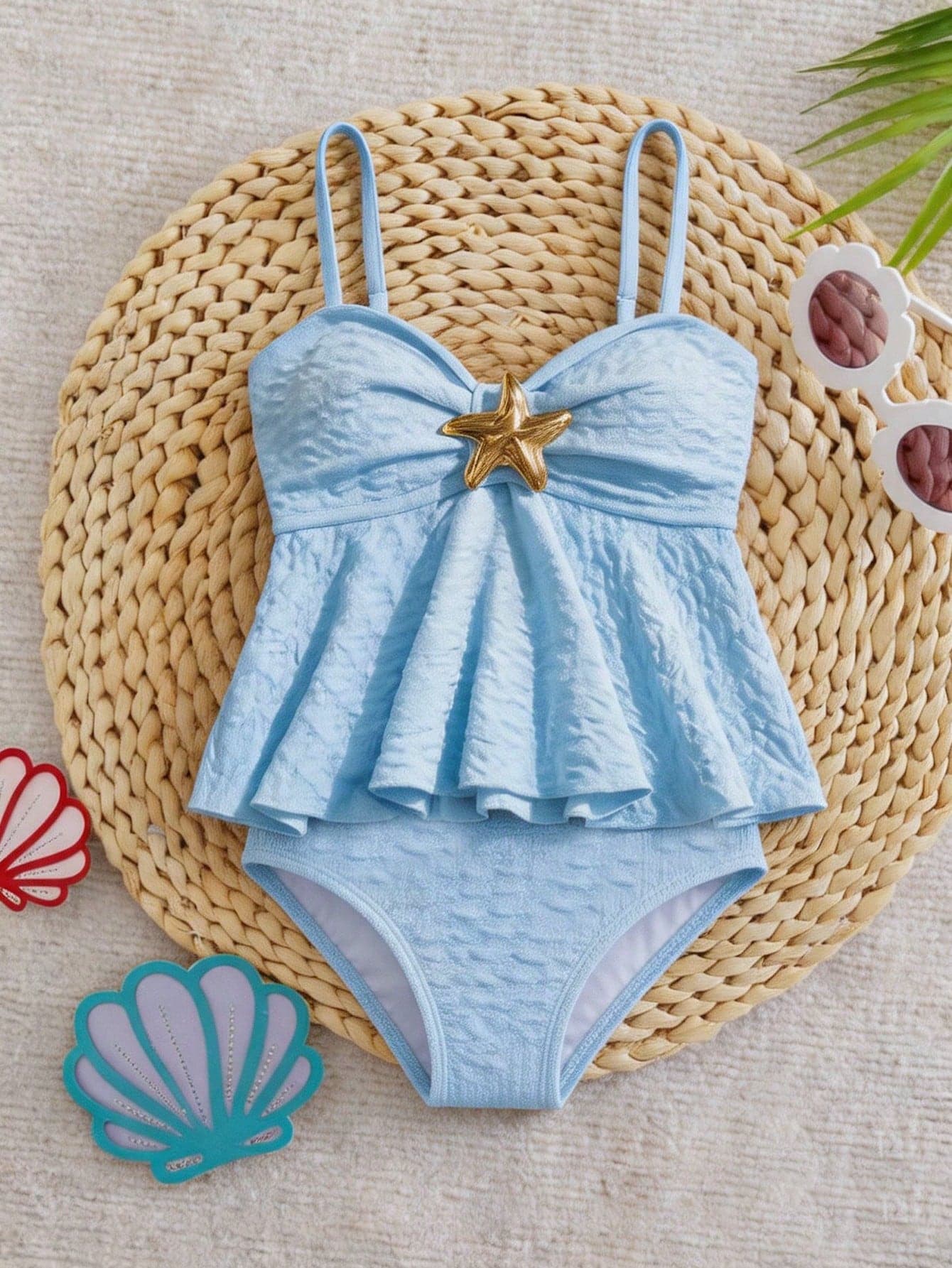 SHEIN Young Girl Metal Decor Ruffle Tankini Top And Triangle Bottoms Swimwear Set, Suitable For Summer Vacation Beach