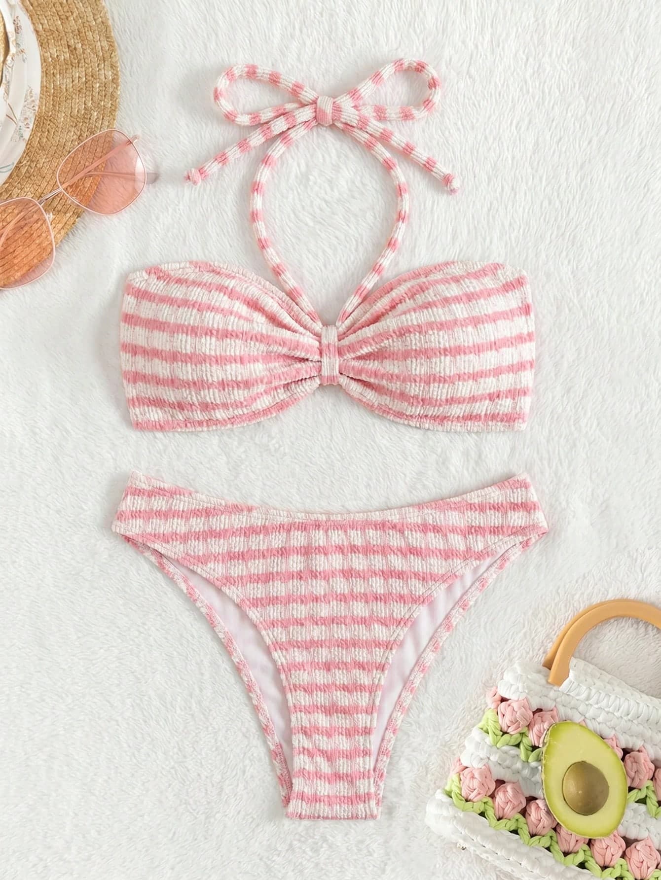 Swim Mod Tie-Neck Striped Fashionable Beachwear Bikini Swimwear For Holiday, Date,
