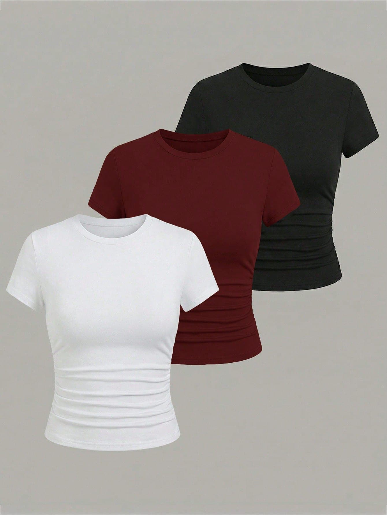 EMERY ROSE Casual Solid Color Ruched T-Shirt, Versatile For Summer