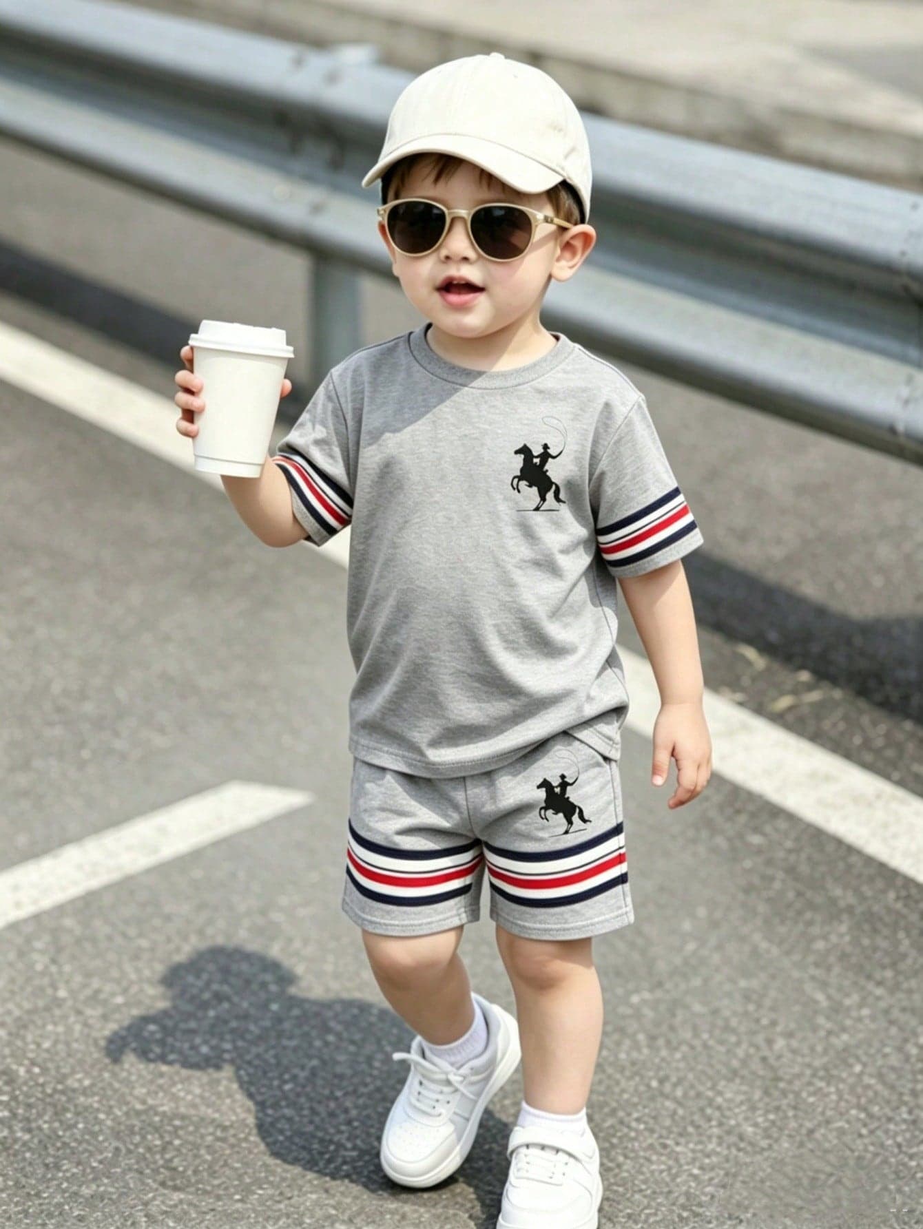 Souflis Souflis Young Boy New Fashion Comfortable Versatile Sports Outfit, Simple Blue White Striped Print Short Sleeve Tee & Sports Shorts Set