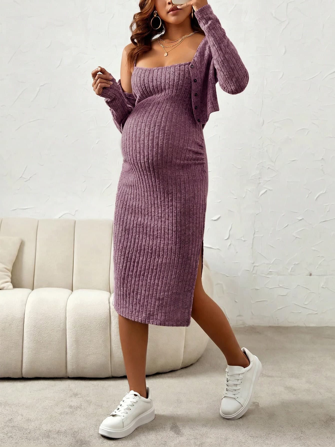 SHEIN 2pcs Maternity Elegant Ribbed Slit Camisole Dress And Jacket Set, Summer Fall