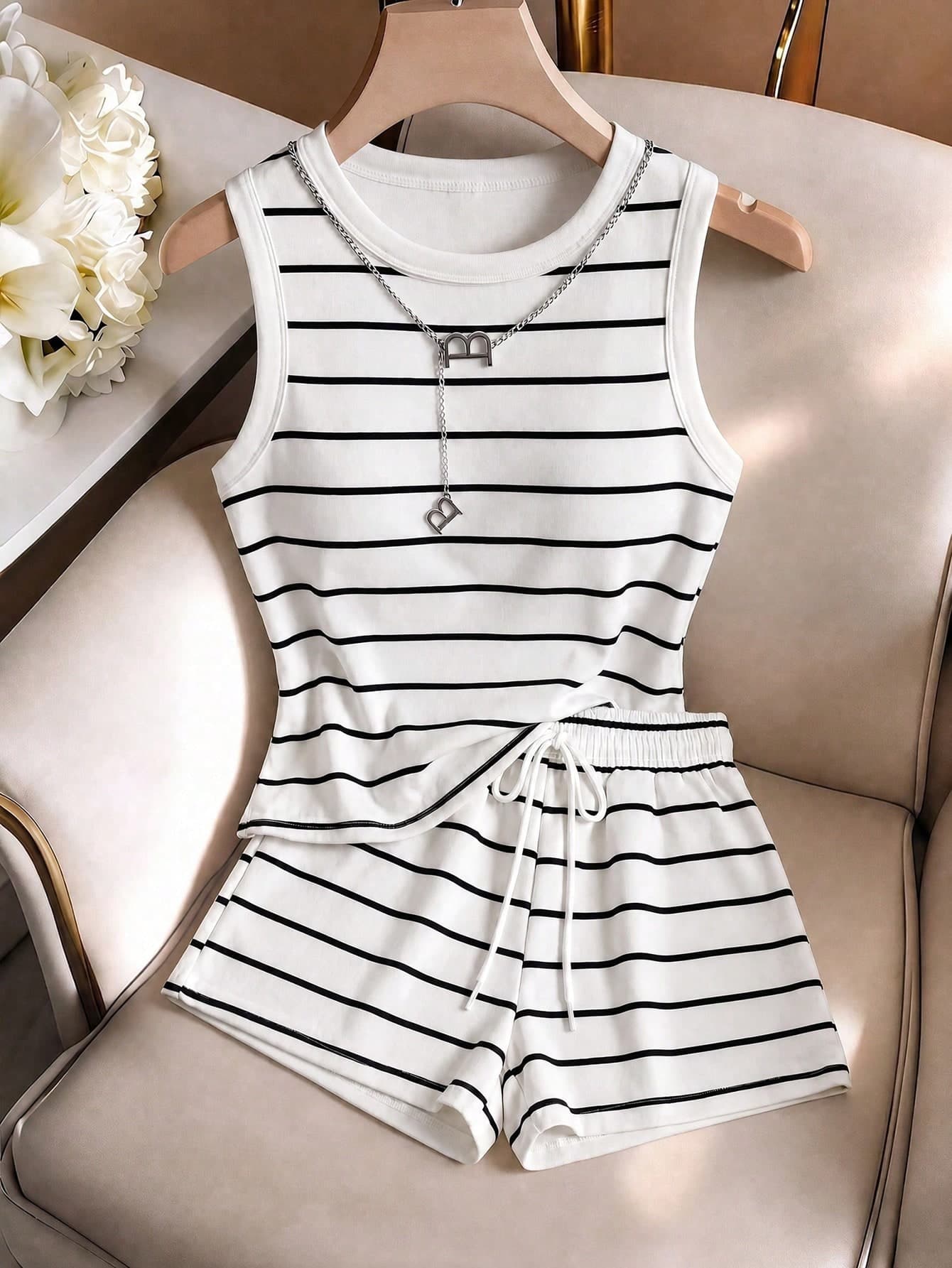 GlowEve Women Striped Round Neck Tank Top And Drawstring Waist Shorts Casual 2 Pieces Set