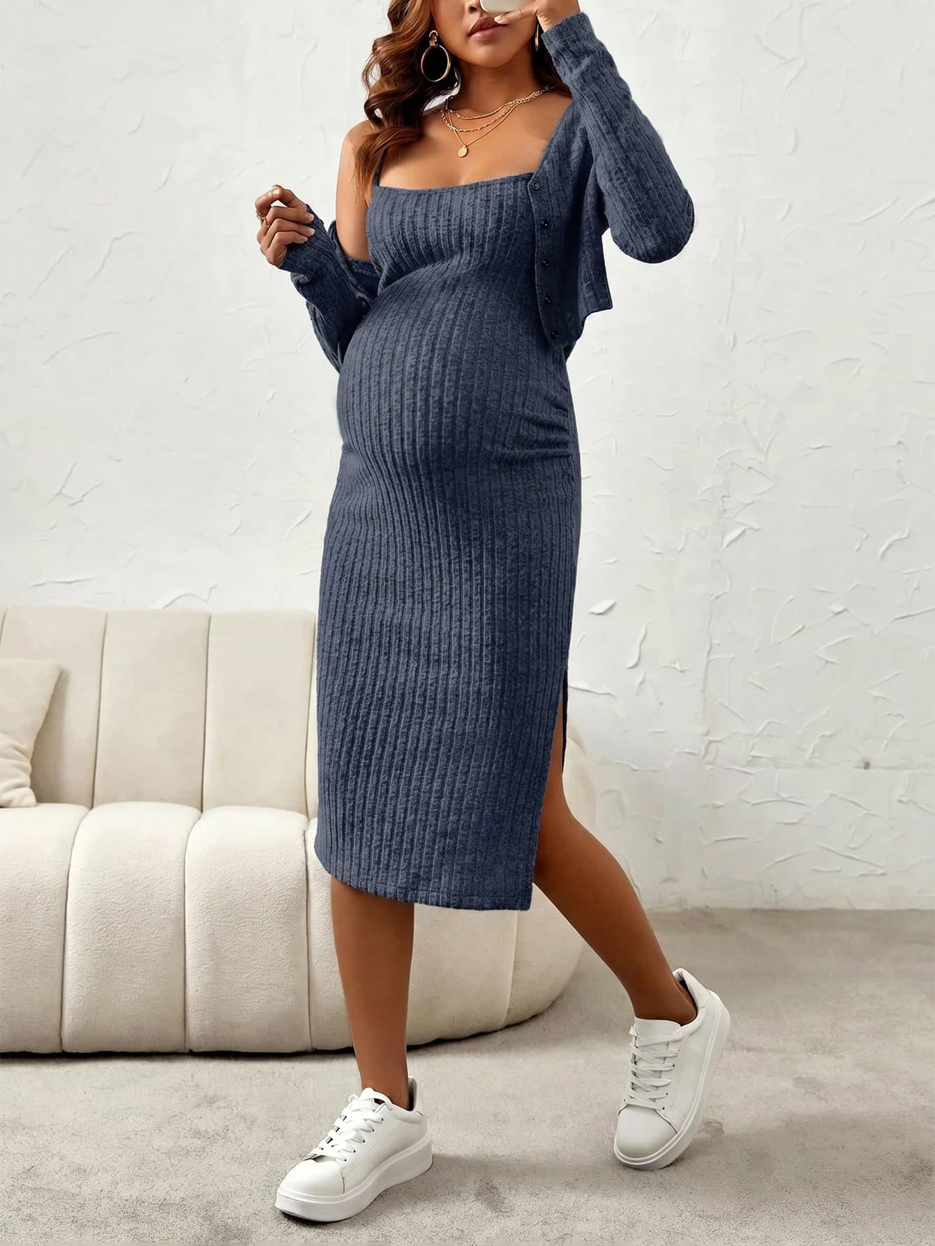 SHEIN Pregnant Women's Spring/Autumn Casual Vacation & Commute Solid Color Ribbed Knit Slit Hem Fitted Camisole Dress & Short Cardigan 2-Piece Set Fall