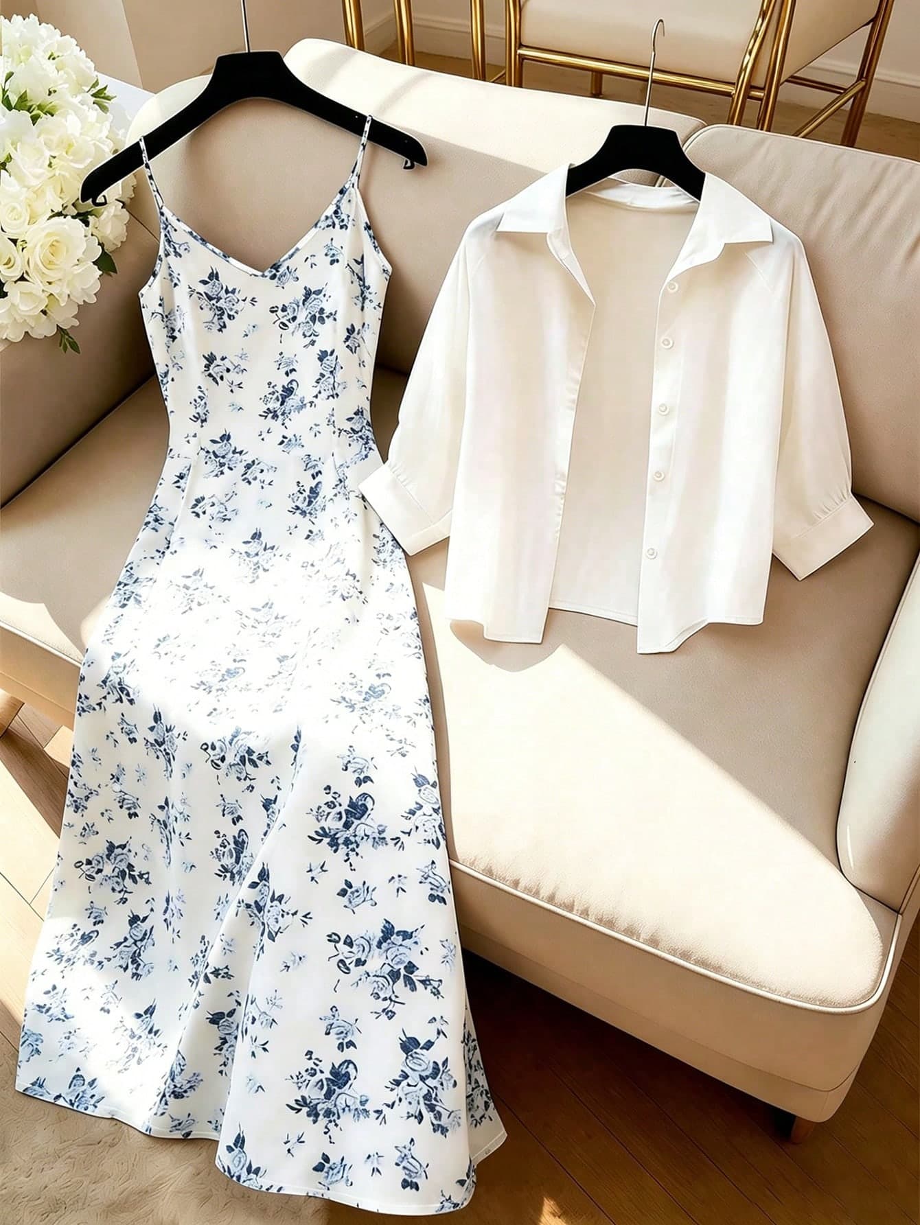 GlowEve Women's Elegant Floral Print Camisole Dress And Solid Color Shirt 2-Piece Set, Summer
