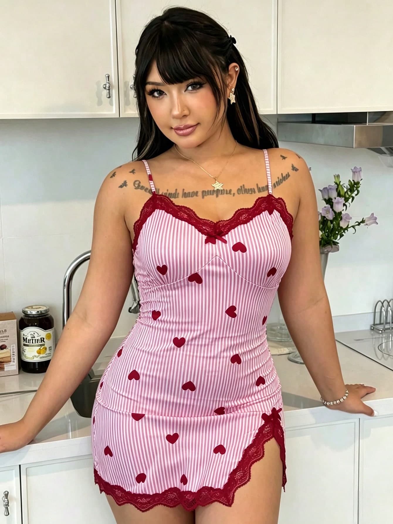 ZzzCrew Plus Size Women's Pink Striped & Red Heart Print Contrast Lace Trim V-Neck High Slit Short Nightgown