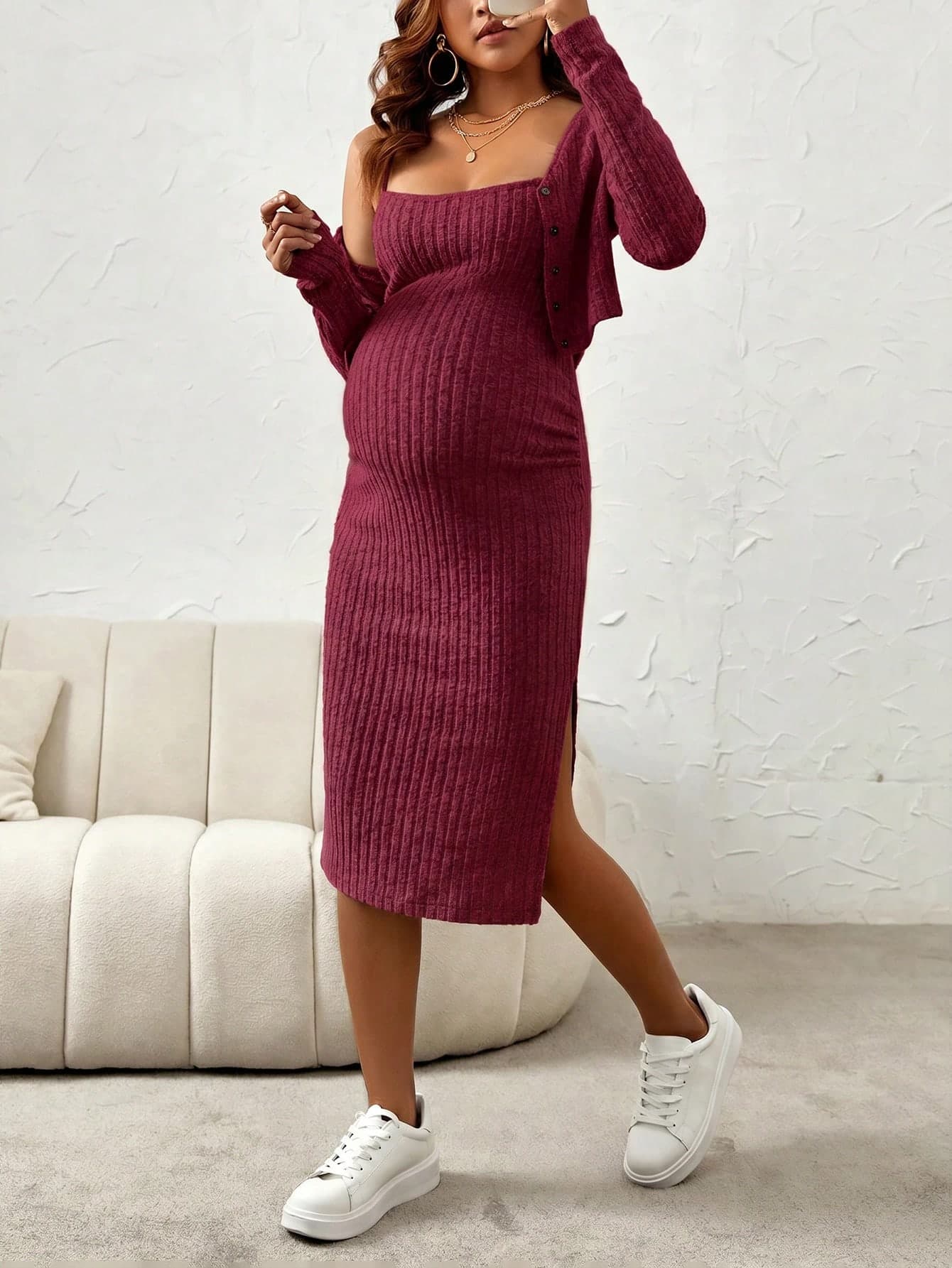 SHEIN 2pcs/Set Maternity Solid Color Long Sleeve Cardigan And Sleeveless Dress Casual Outfit