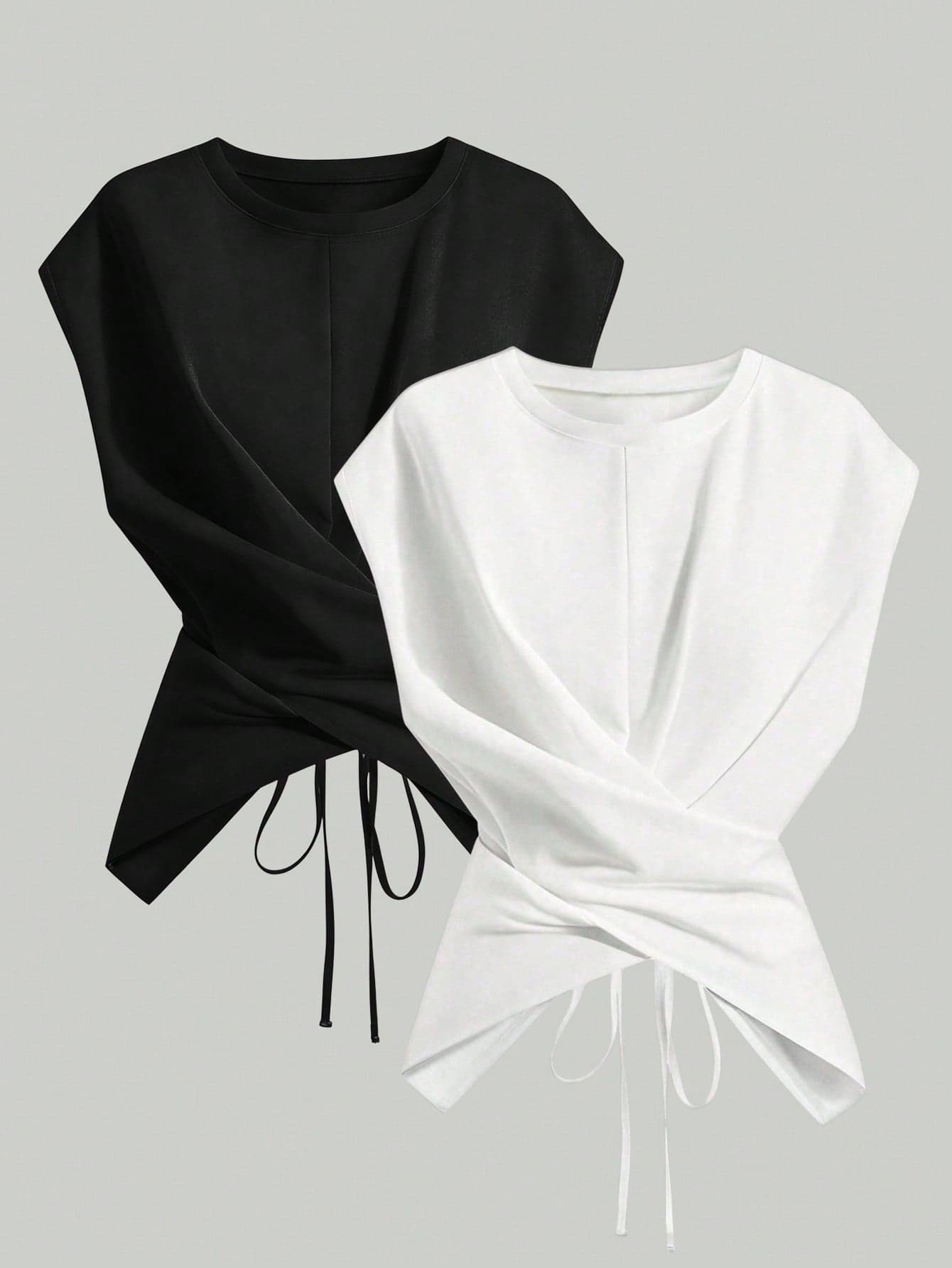 SHEIN Plus Size Women Summer Simple Solid Color Round Neck Criss-Cross Hem Top