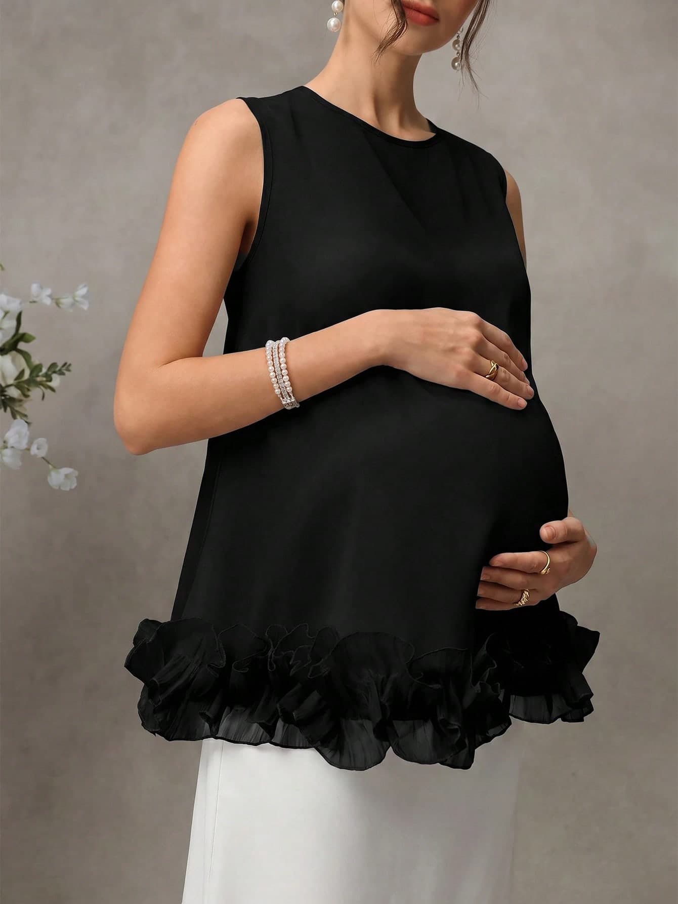 Momance Maternity Camisole, Round Neck With 3D Ruffle Hem For Sweet Style, Satin Smooth Skin-Friendly Fabric, Loose Fit For Pregnancy, Gentle And Elegant