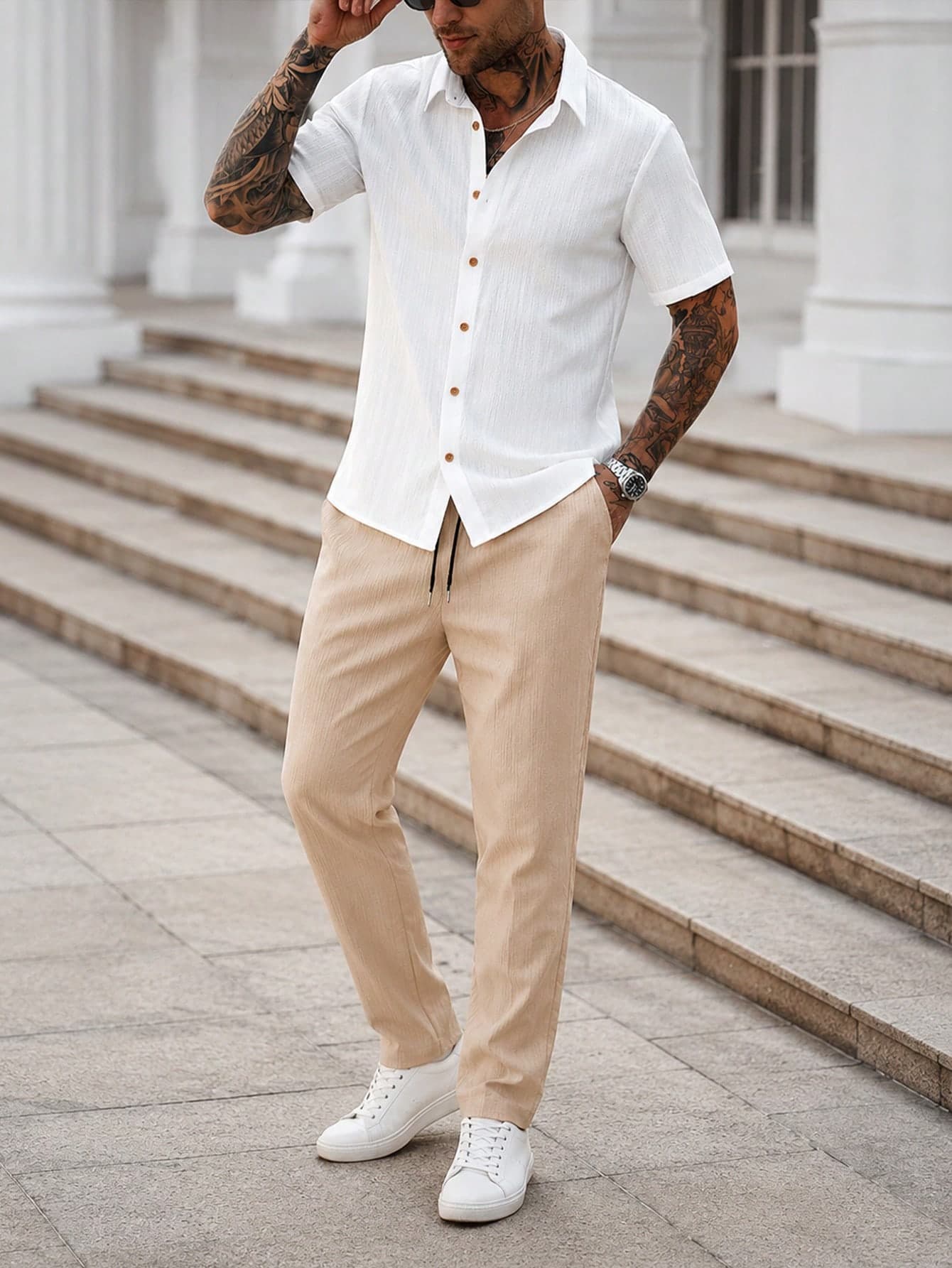 Manfinity Homme Minimalist Men's White Textured Single-Breasted Short Sleeve Seersucker Shirt And Drawstring Waist Cargo Pants Set,Summer Casual Vacation Outfits