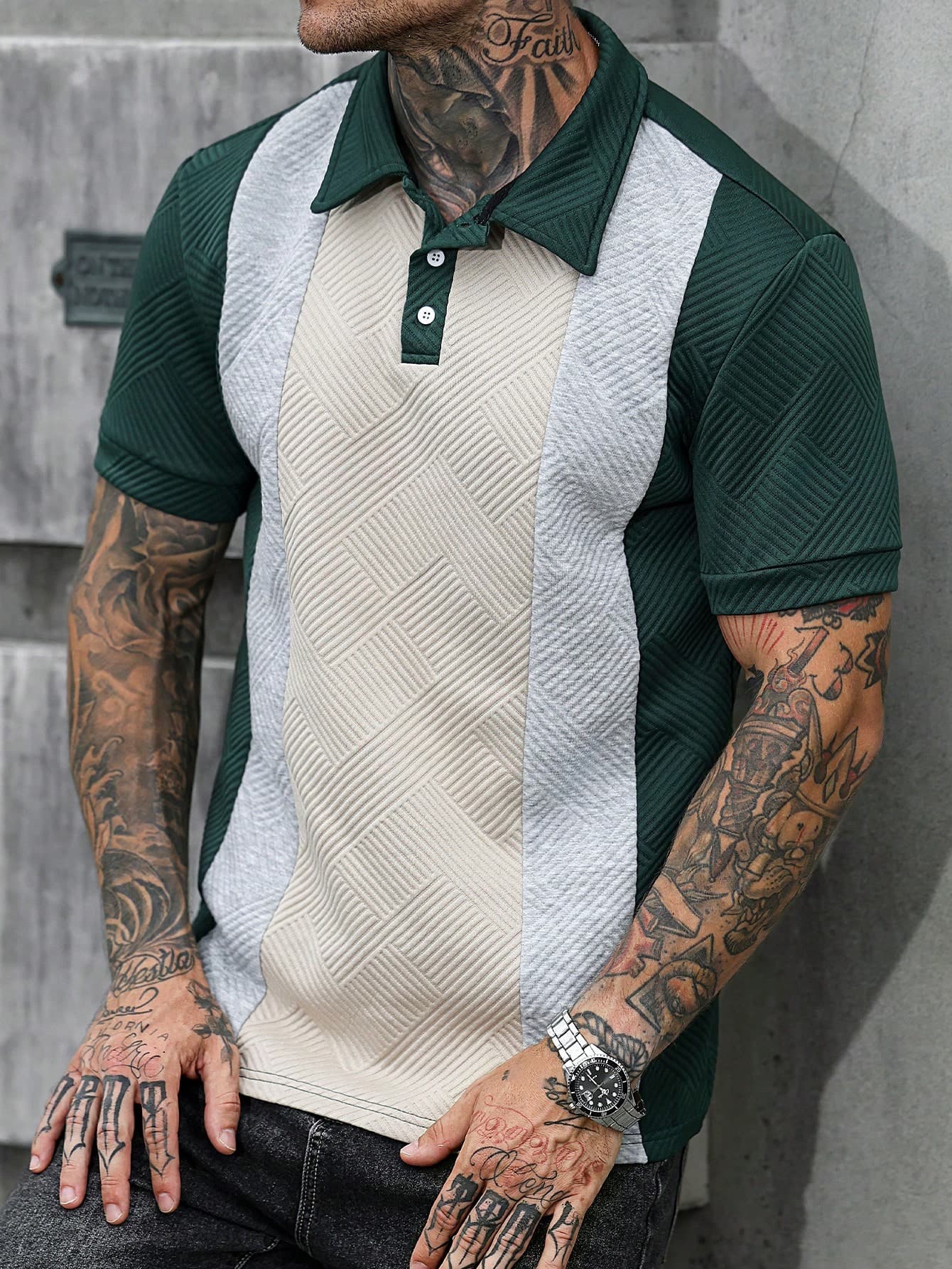 Manfinity CasualCool Men's Colorblock Asymmetrical Floral Patchwork Knit Jacquard Short Sleeve Polo Shirt,Casual Summer Golf Shirt,Old Money Vintage Stylish Fashion Tops