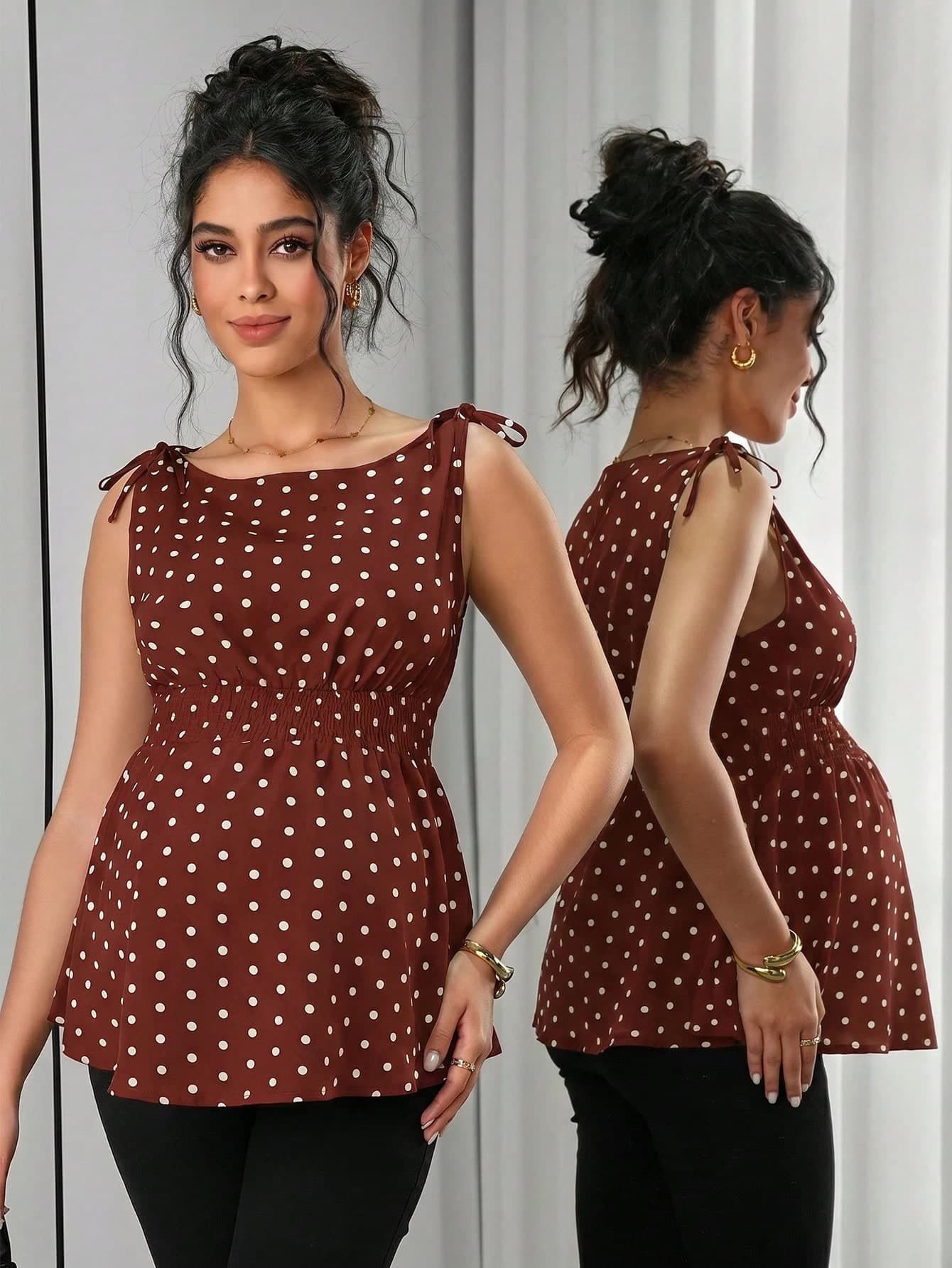 Momance Pregnant Women's Sleeveless Polka Dot Tie-Waist Elegant Camisole For Summer Baby Shower