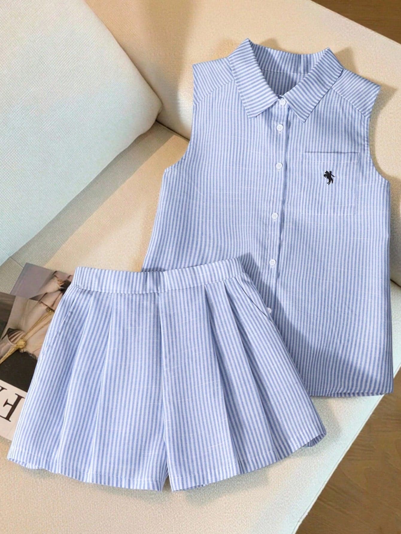 SHEIN Girls' Blue Sleeveless Shirt And Shorts Set, Casual Style, Loose And Comfortable Fit, Suitable For Daily Wear, Commuting, Home Or Casual Outings In Summer