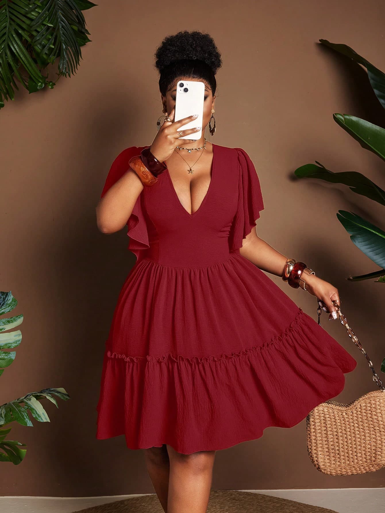 Maweii Sexy Vintage V-Neck Ruffle Hem Waist Cinched Plus Size Short Sleeve Dress