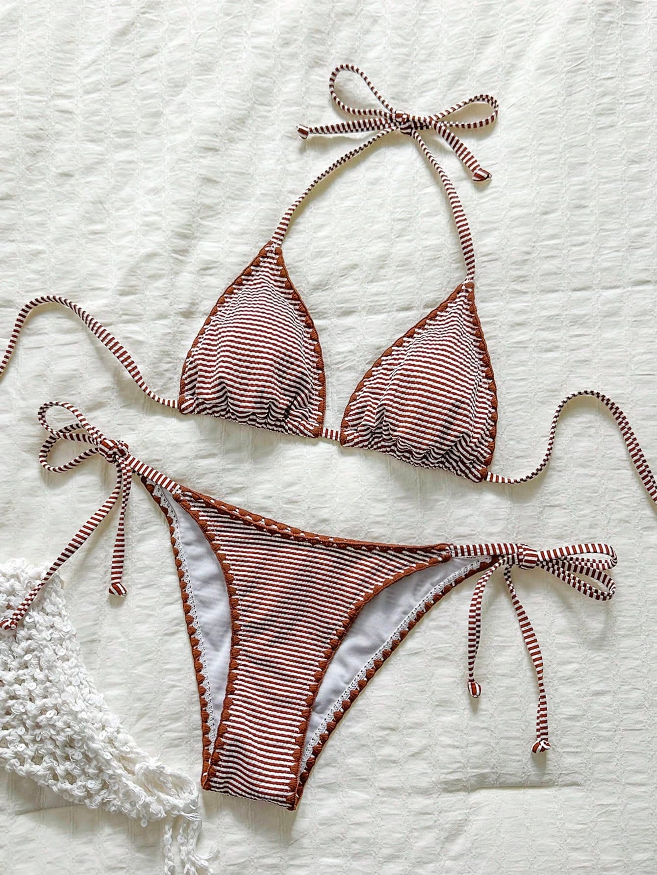 Swim Mod Women's Plaid Jacquard Halter Bikini Set, Spring/Summer Beach Brown And Blue Polka Dot Sexy